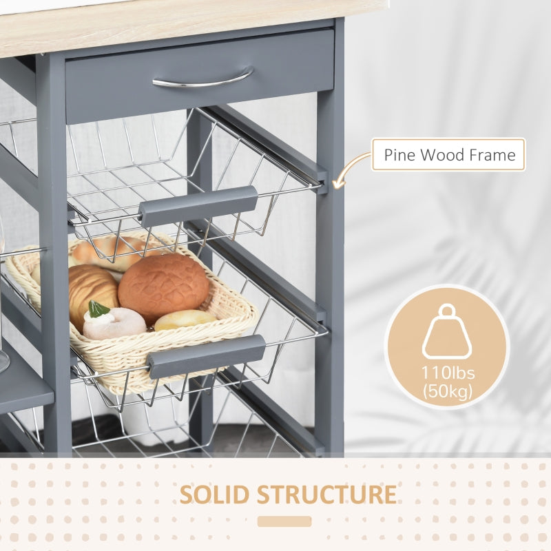 Rolling Kitchen Cart, 4 Basket Drawers Side Racks Wheels, Grey