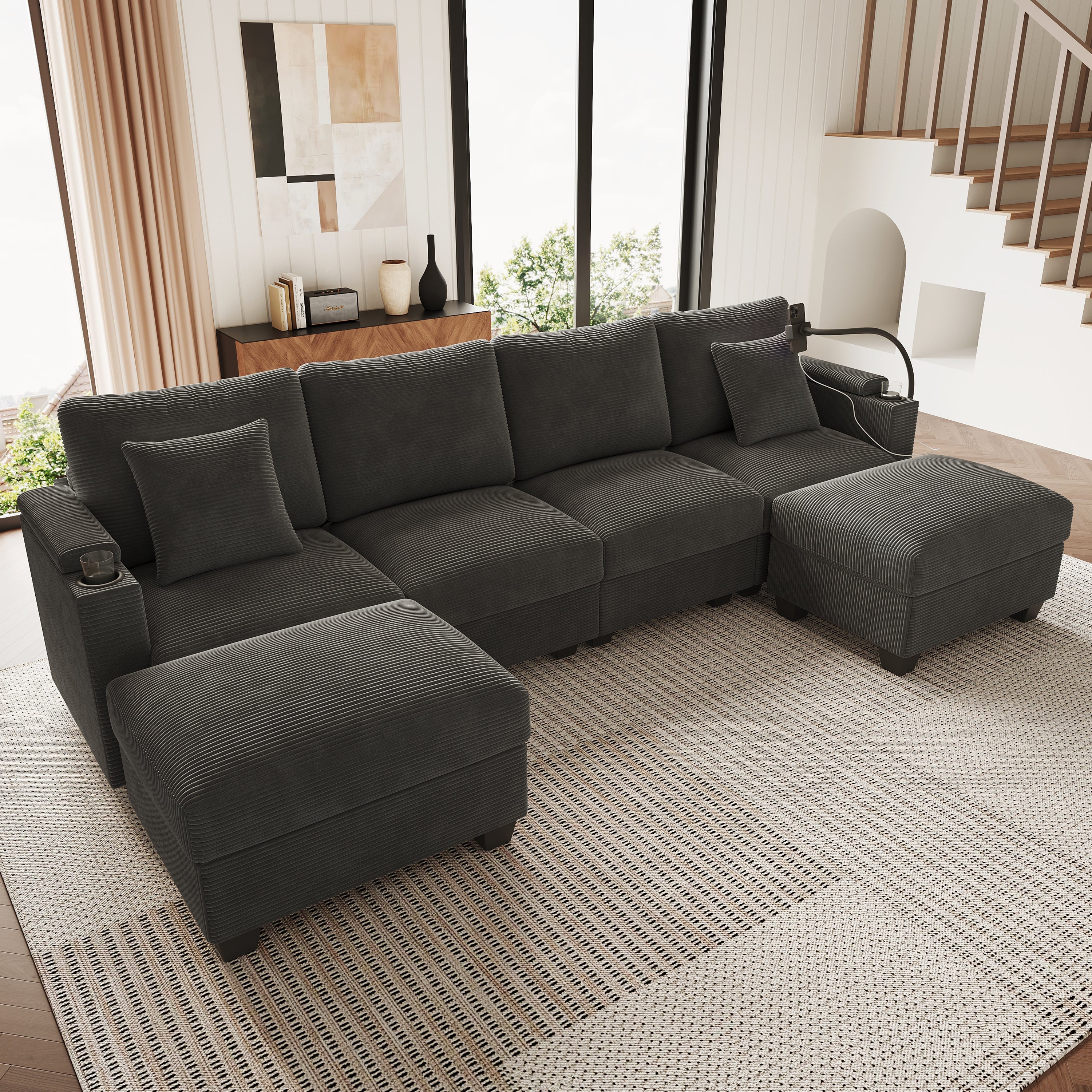 U-Shaped Modular Sofa with Sleeping Function, USB Port and Phone Holder, Gray Corduroy