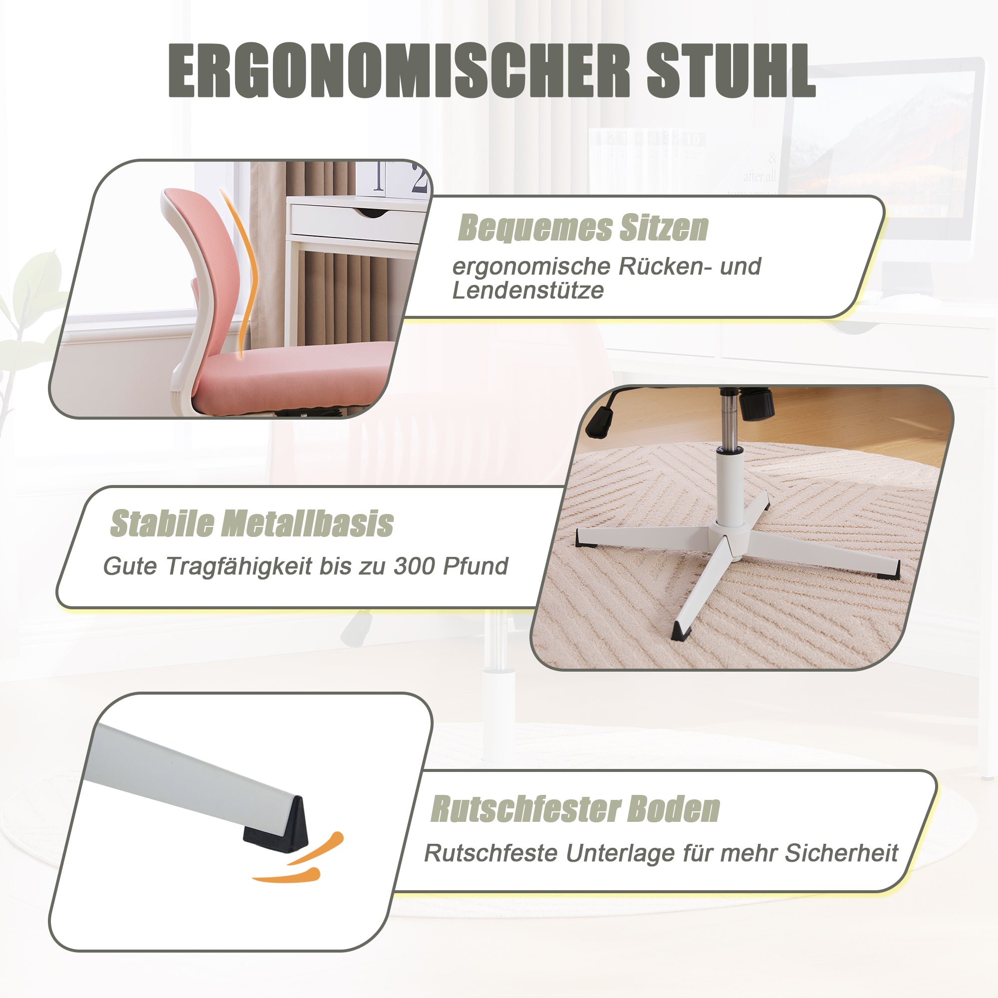 Armless Office Chair, Reading Chair, Rocking Function, Height Adjustable, 360° Rotatable