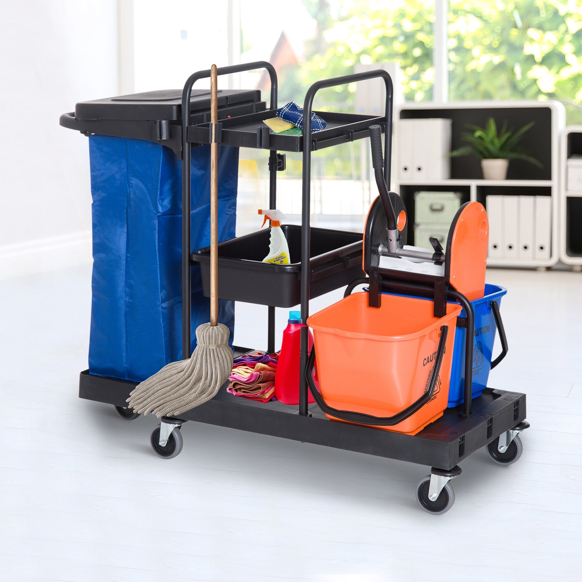 Cleaning Trolley 4-Wheel System Professional Cleaning 111x63.3x103cm, Black/Blue/Orange