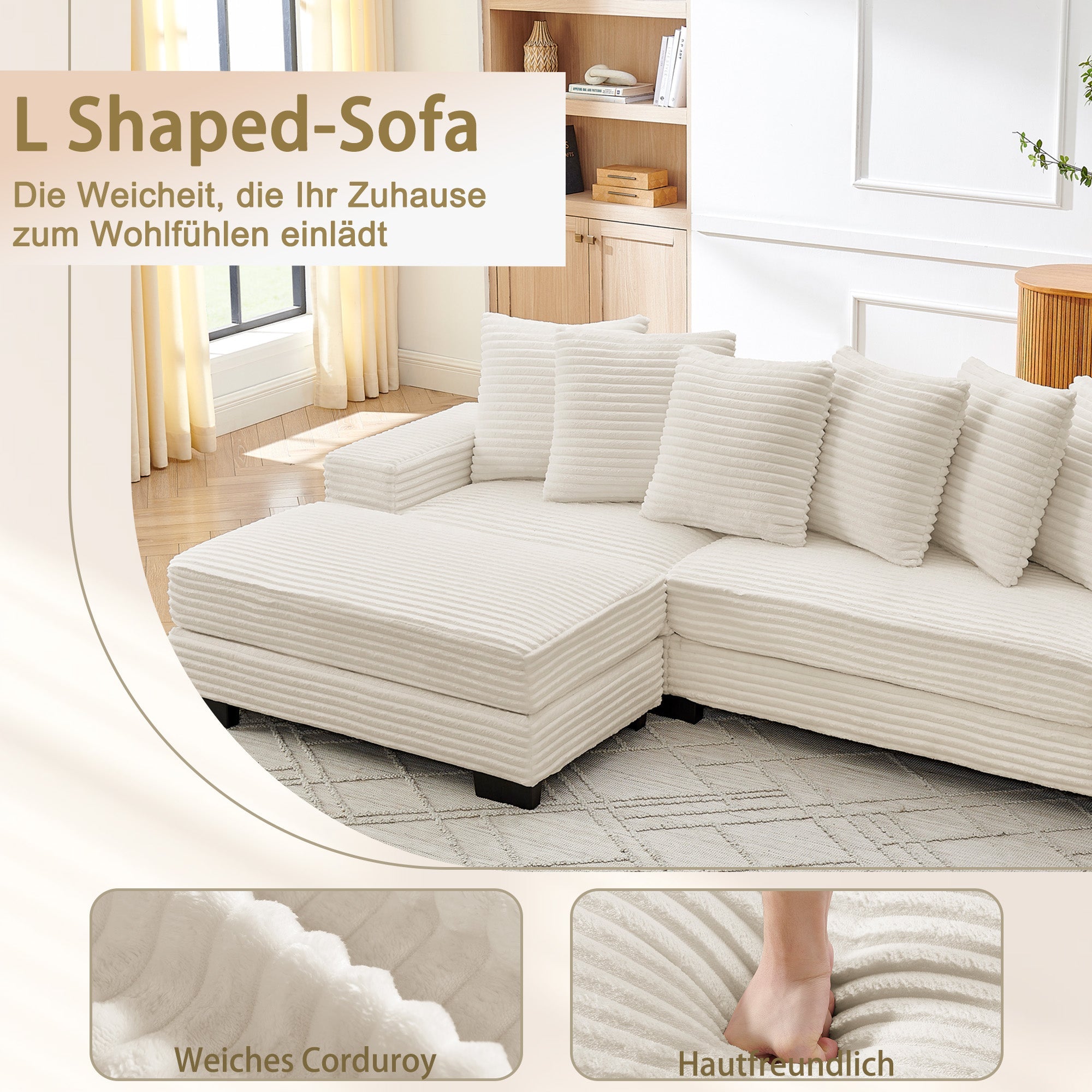 L-shaped Corner Sofa, 4-Seater Modular with 6 Cushions, Beige Corduroy