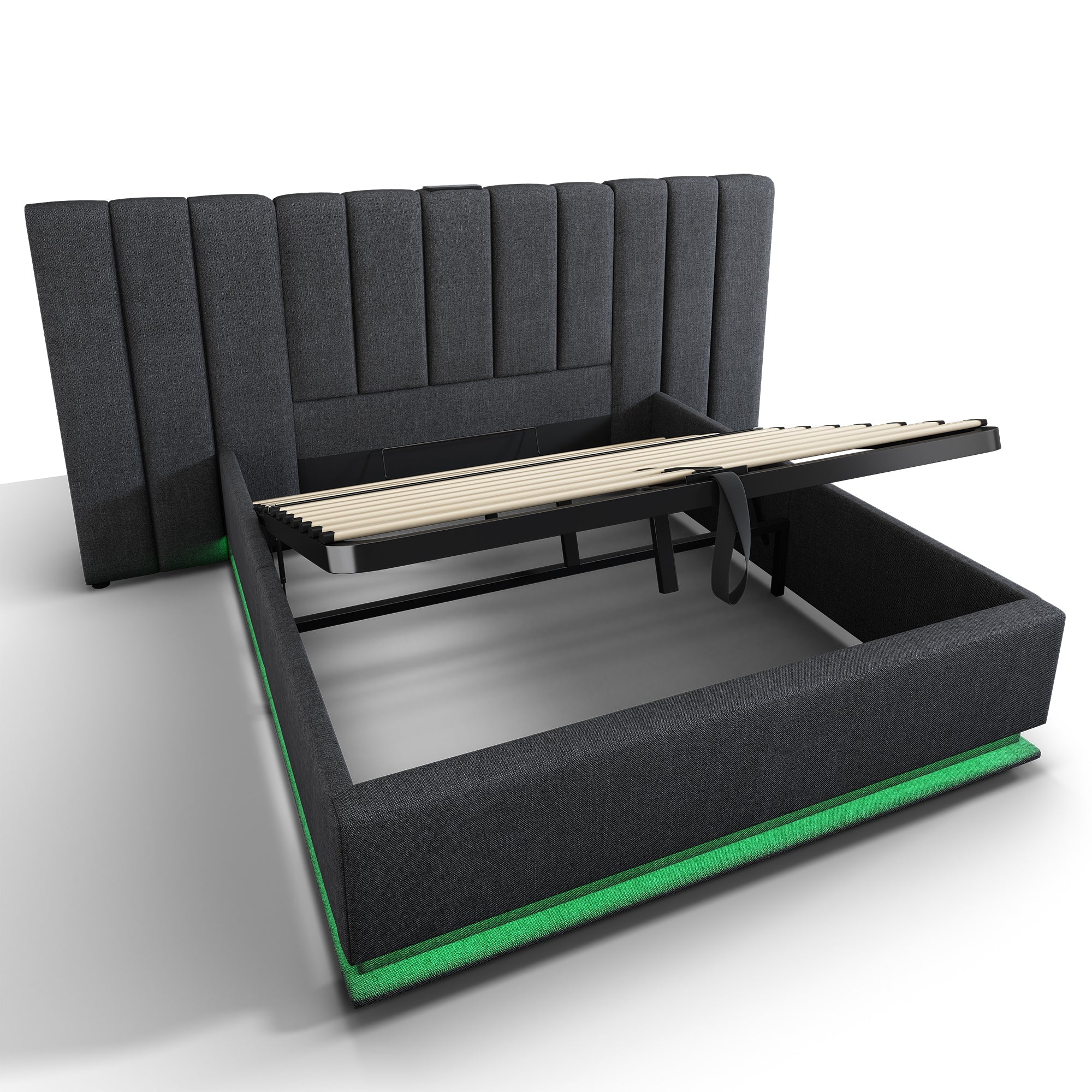 Upholstered Double Bed 180x200 Storage LED USB-C Slatted Base, Linen Grey