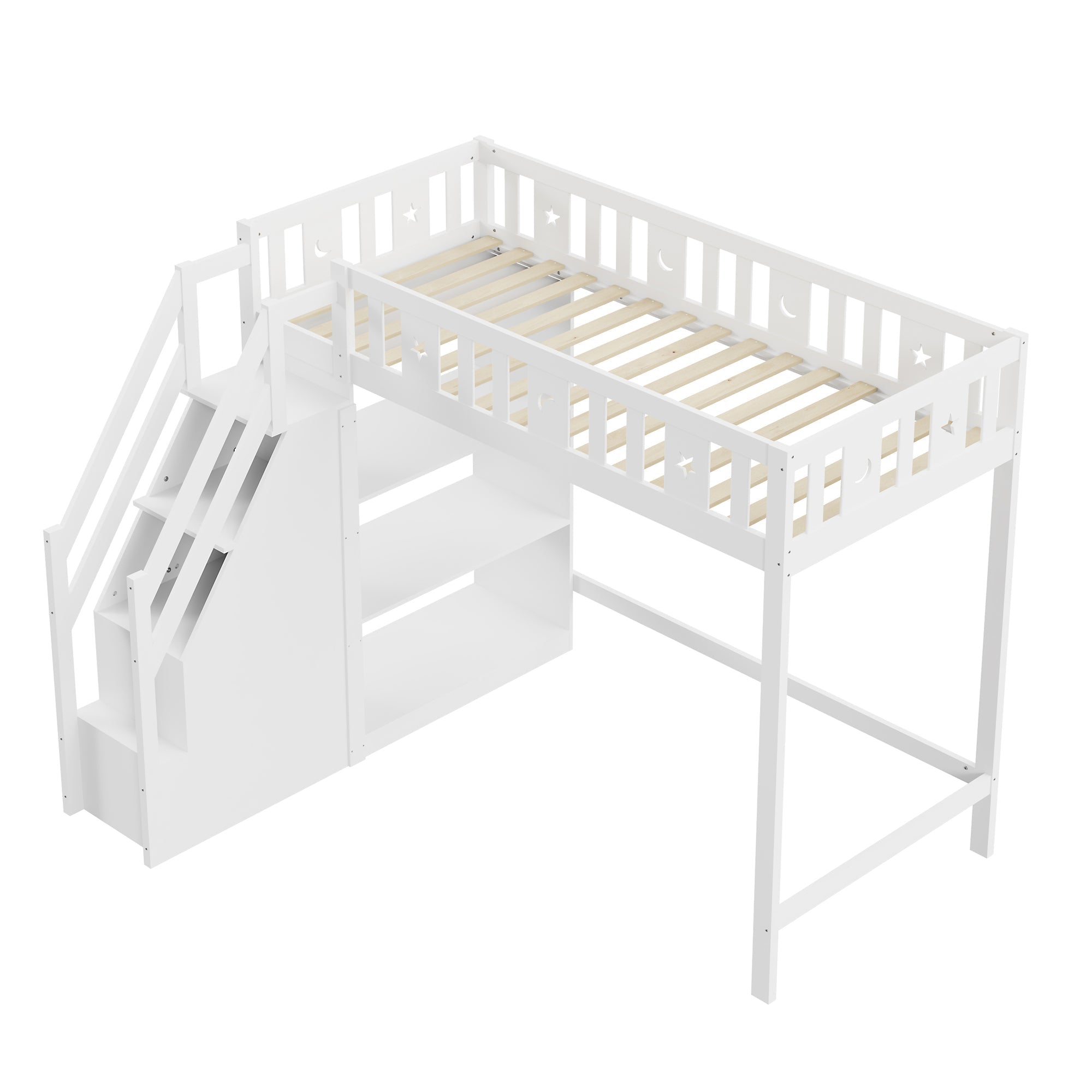 Loft Bed with Storage Ladder & Shelves, Single Wooden, Solid Wood Frame, White