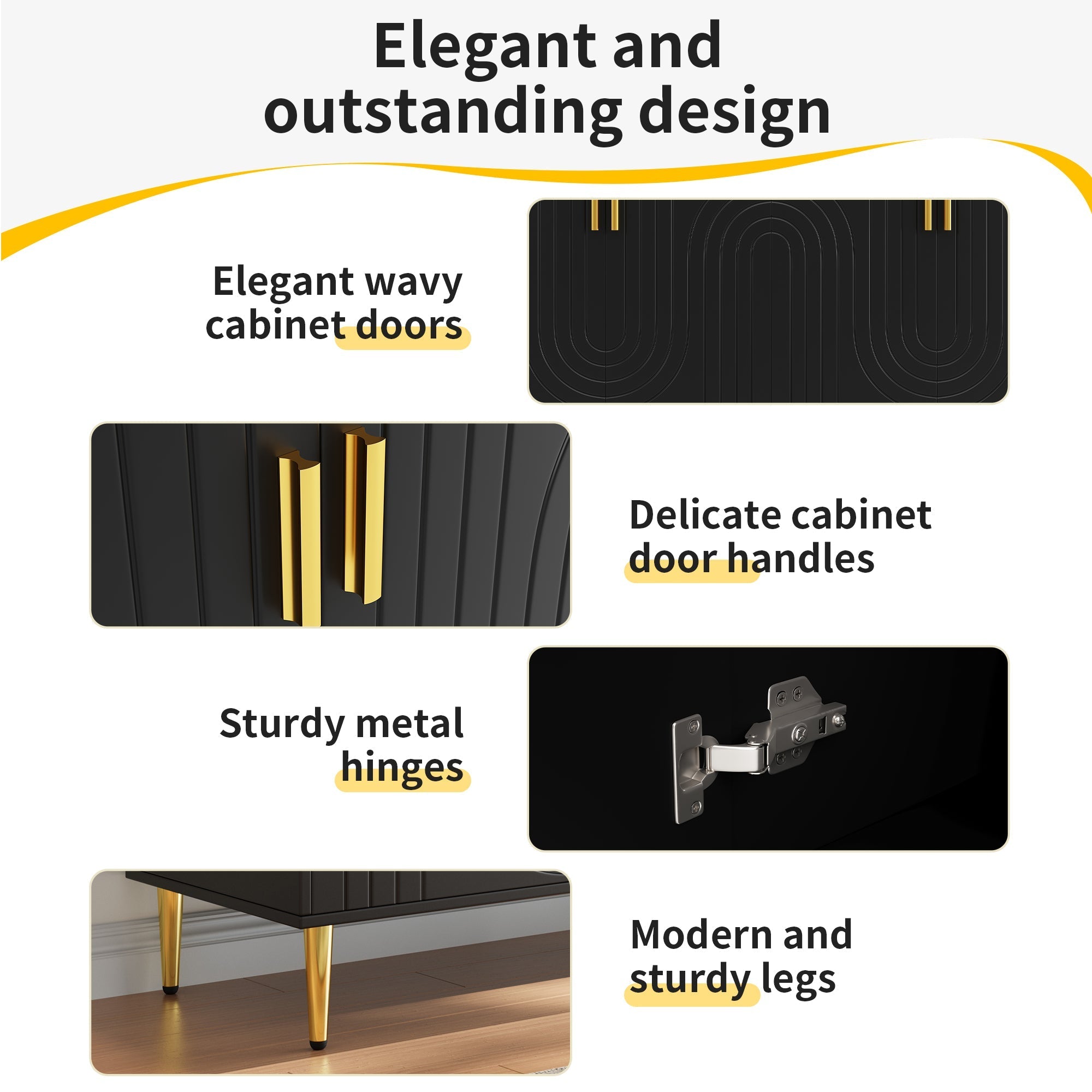 Black Sideboard, 152x40x75cm with Wave Design and Golden Handles, Black