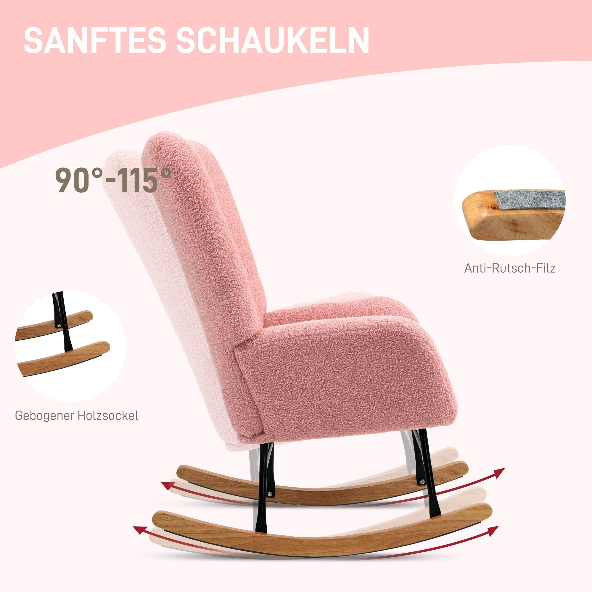 Rocking chair with armrests, teddy velvet, pink
