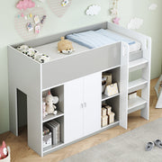 Loft Bed 90*200, Multifunctional with Storage, Wardrobe, Shelves, Ladder, Gray