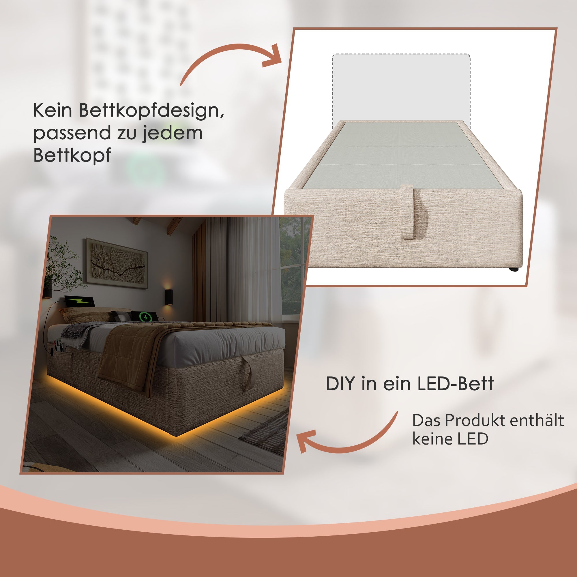 Upholstered Double Bed with Storage and USB-C, 160x200cm, Natural Linen