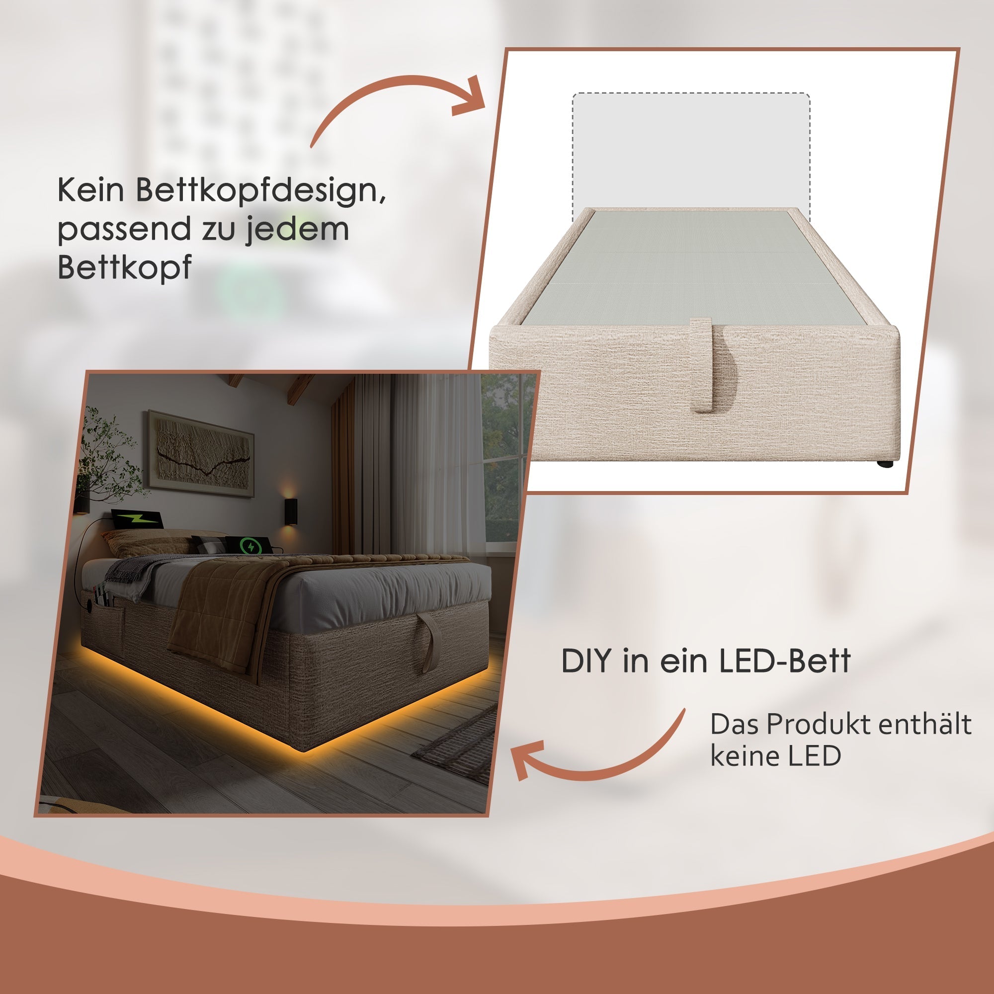 Upholstered Double Bed with Storage and USB-C, 160x200cm, Natural Linen