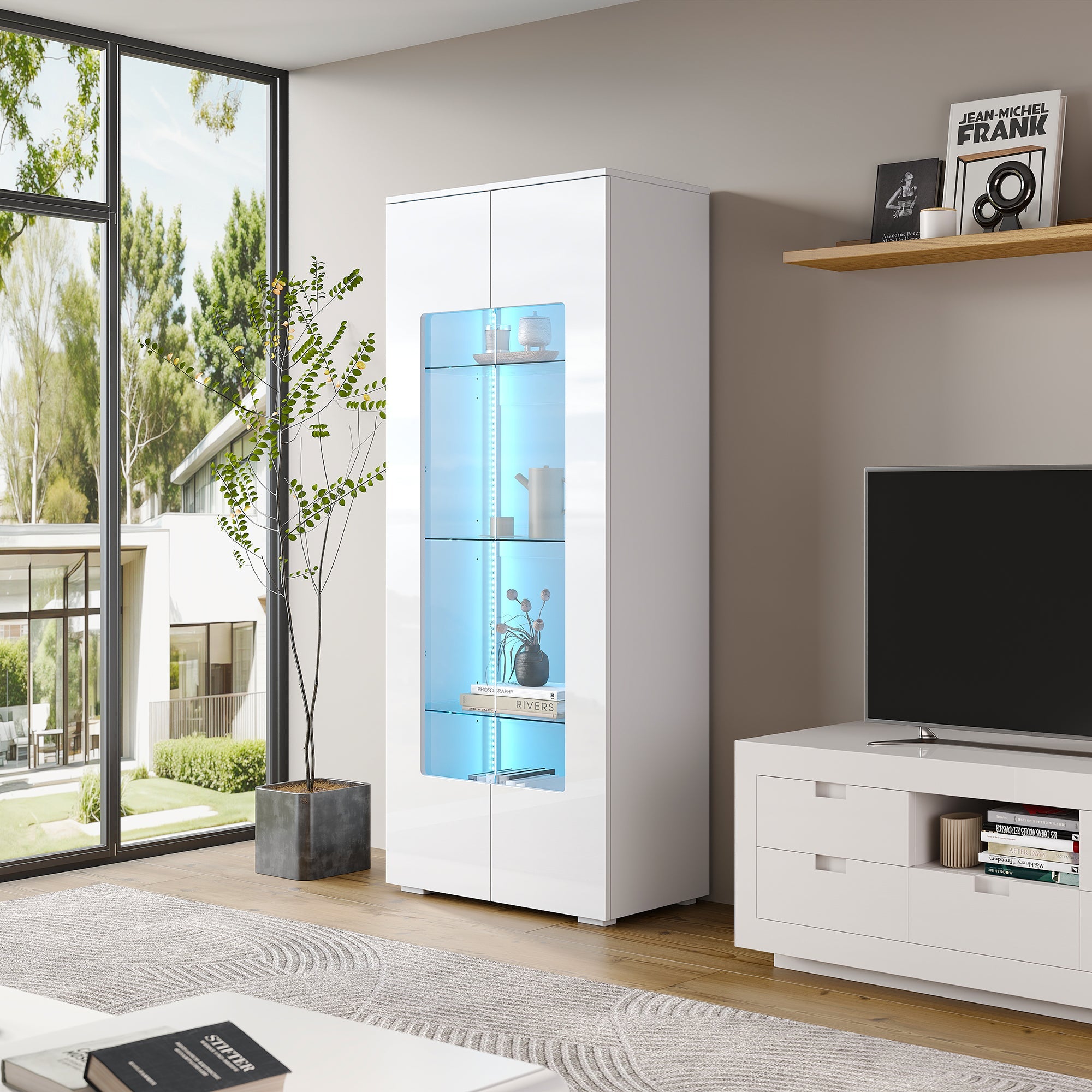 Living Room Display Cabinet, 2 Acrylic Doors, LED Light Strip, Tempered Glass, White MDF