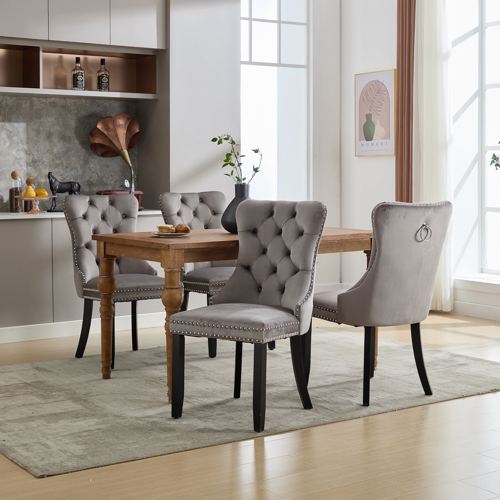 Modern Set of 2 Upholstered Dining Chairs with Button Tufted Velvet, Solid Wood Legs, Riveted Trim, and Knocker Ring, Grey - Clearance