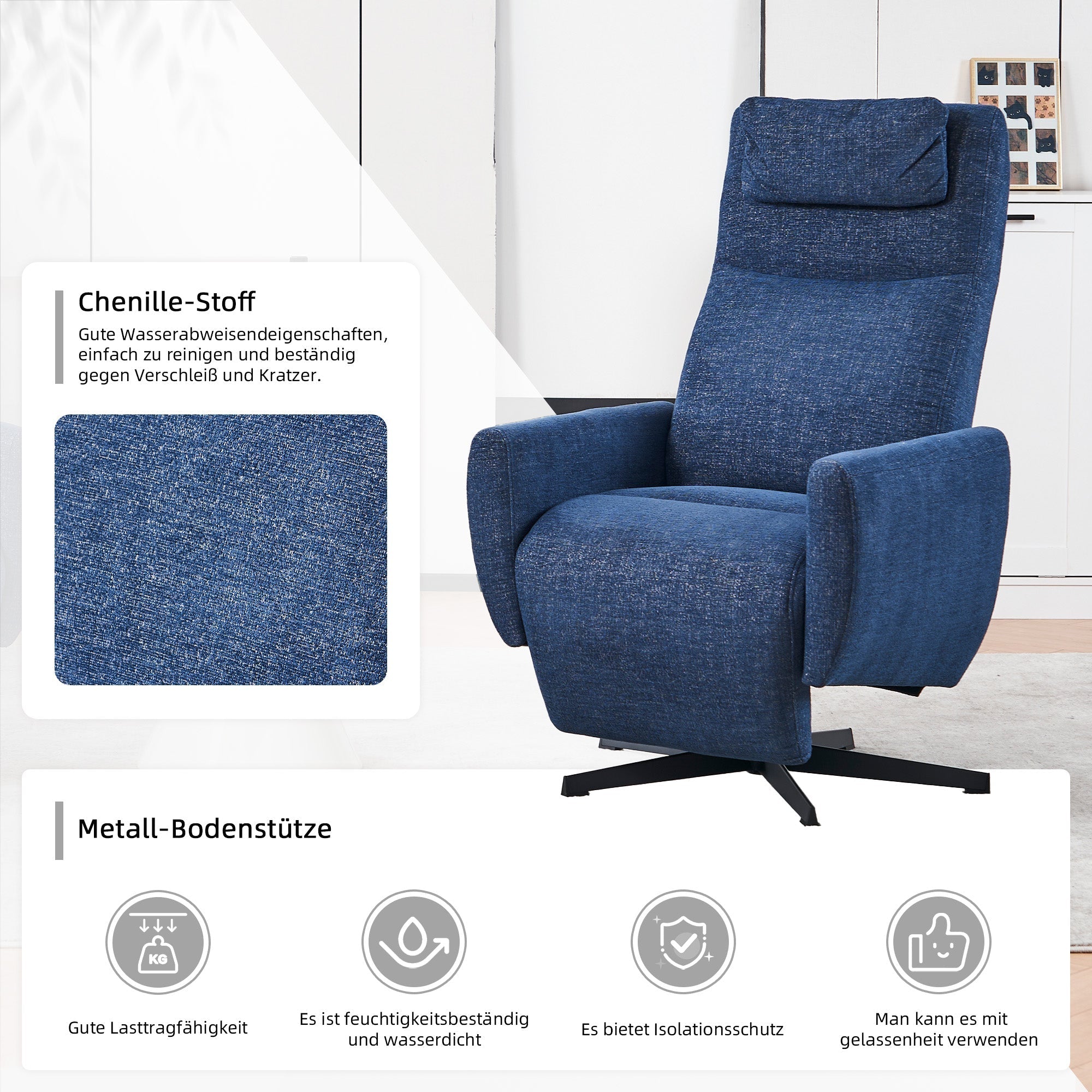 022 Recliner Chair, Comfortable with Reclining Function, Footrest, Swivel, Chenille, Blue