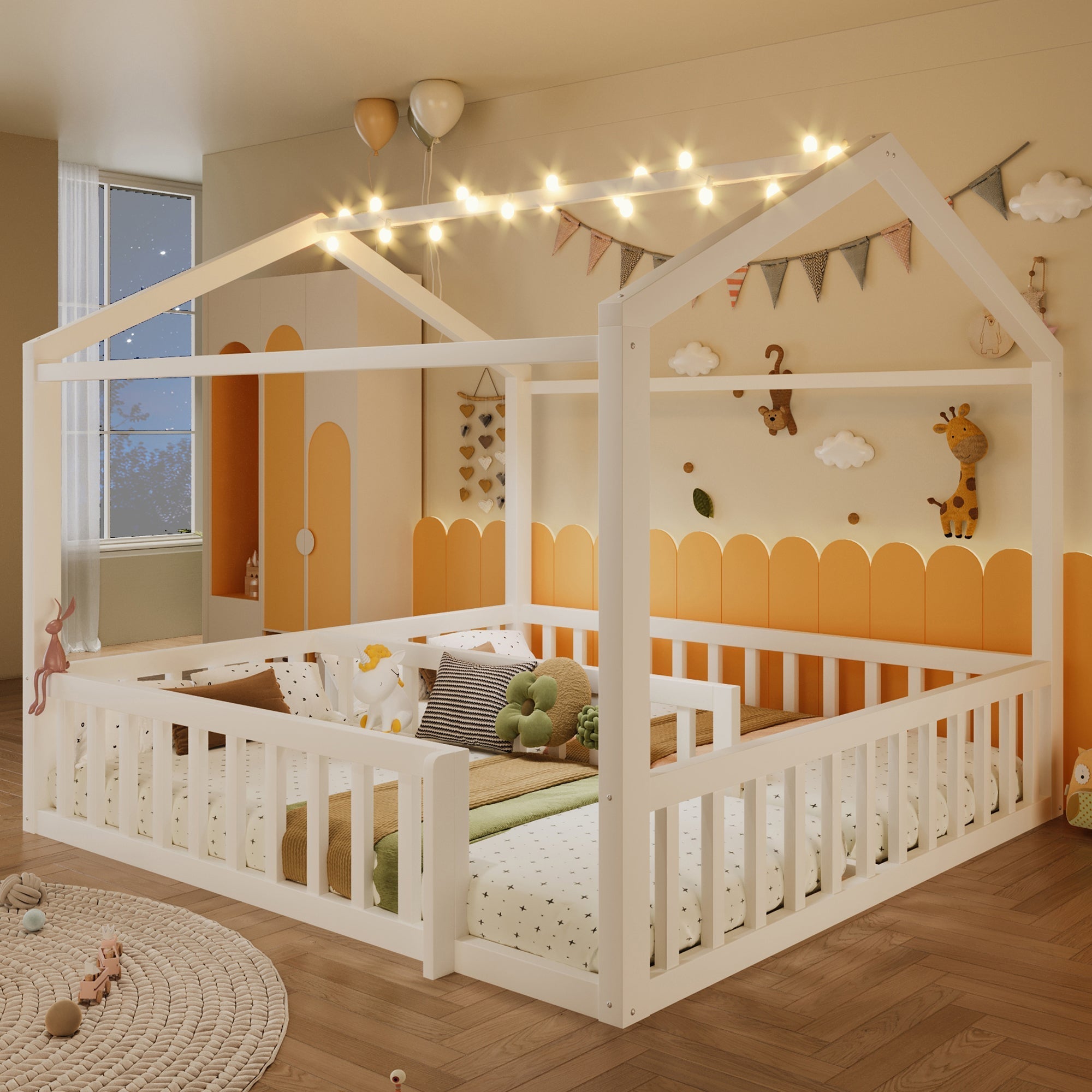 Flatbed Convertible Children's Bed 90x190cm to 180x190cm House Rail LED Lights Pine Wood White