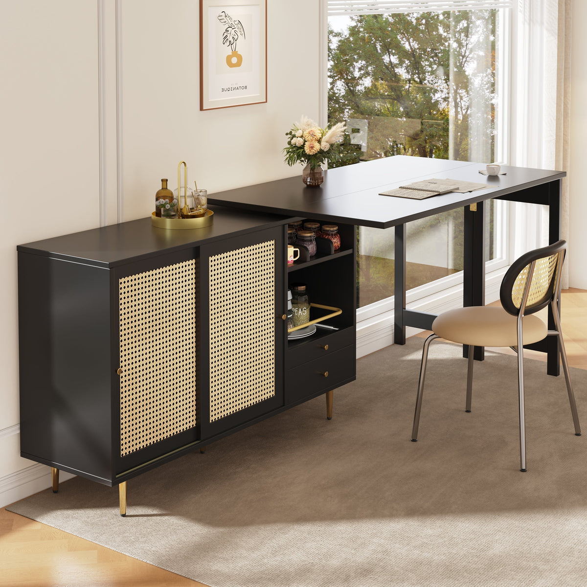 360° Rotating Bar Table Extendable Rattan Storage Cabinet Black