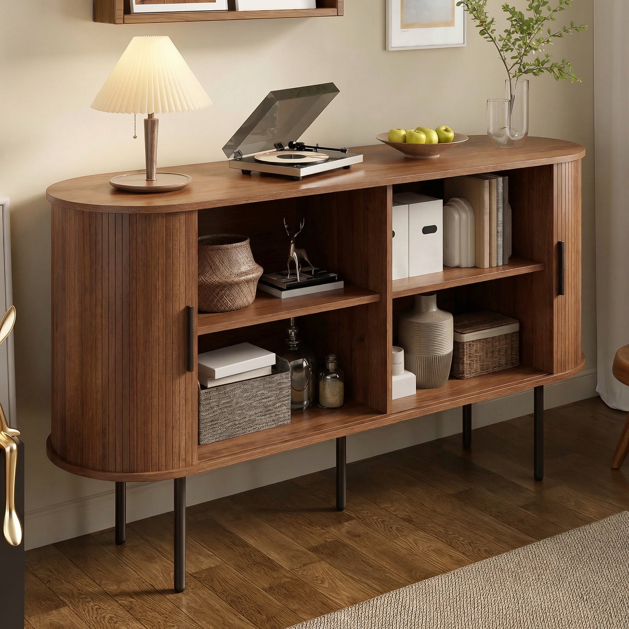 Modern Sideboard with Roll-up Doors and Iron Legs, MDF