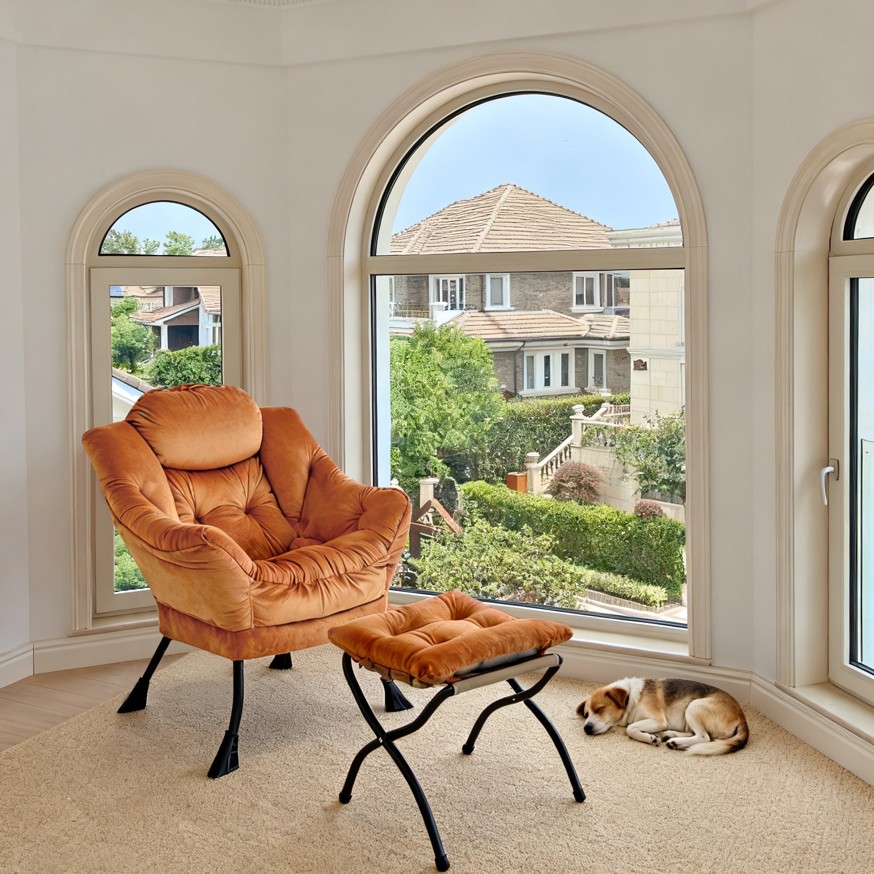 Armchair with Footstool Armrests Side Pocket - Orange