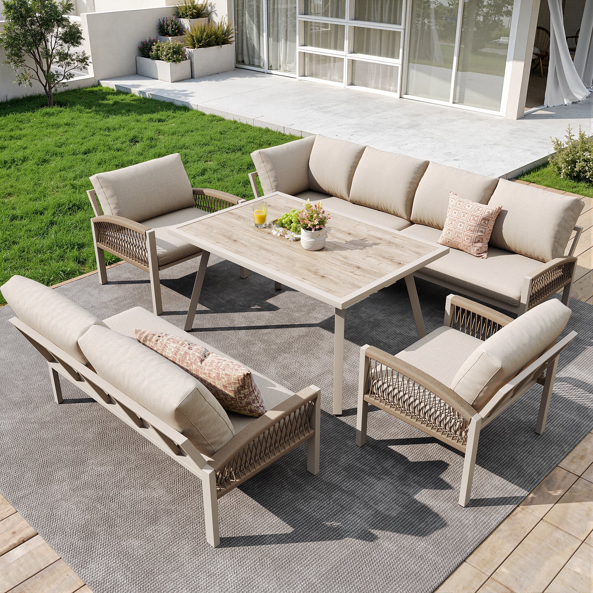 L-Shaped Garden Sofa Set 8-Seater with Table 2 Woven Armchairs Weatherproof - Beige/Iron