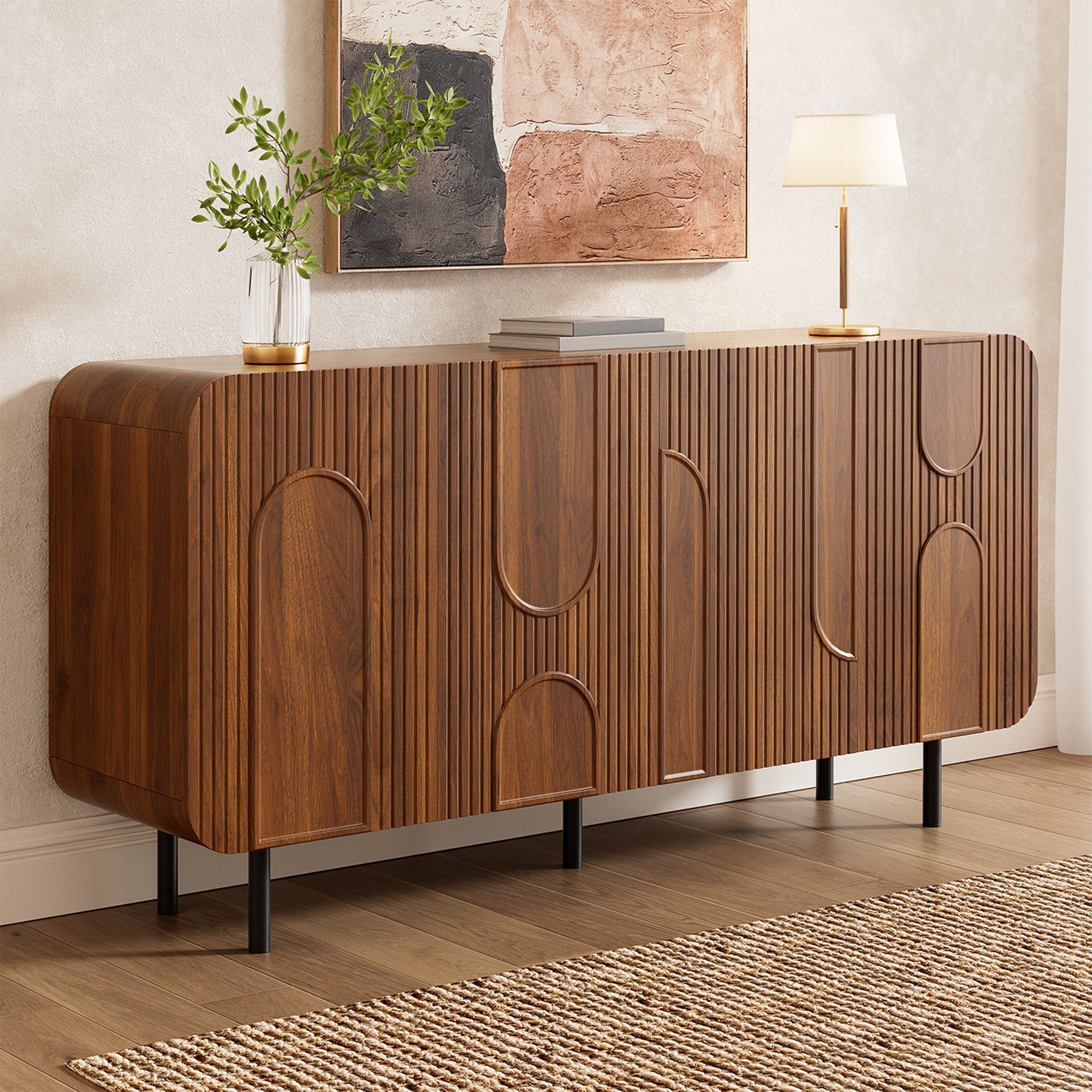 Mid-Century Sideboard with 4 Doors and 8 Compartments, Walnut Finish Wood and Metal