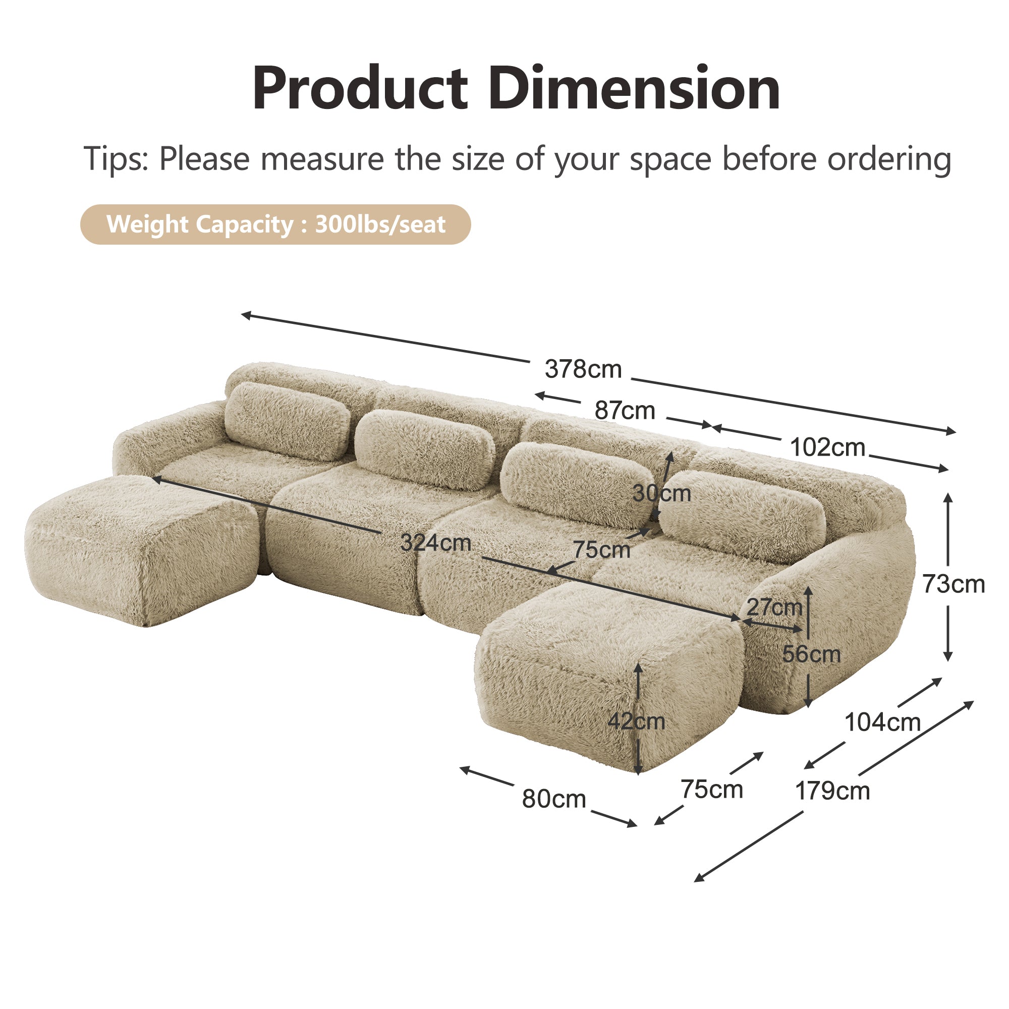 U-Shaped Modular Sofa - No Assembly, Plush Fabric - Light Khaki