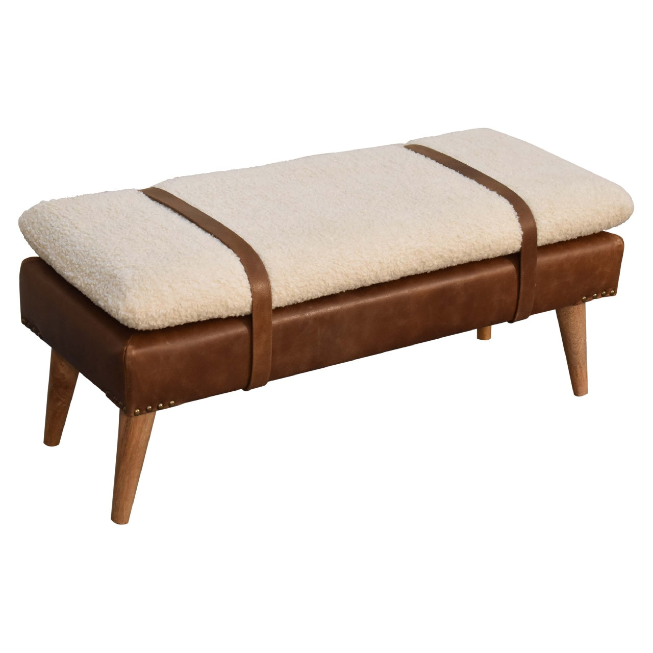 Solid Wood Bench, Upholstered Bouclé Buffalo Hide Leather, Beige