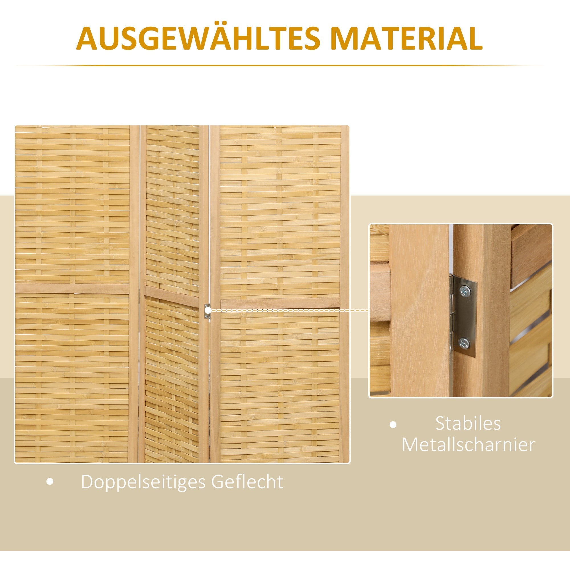 Folding Screen, 4-Panel Room Divider 160 x 170 cm, Bamboo Natural