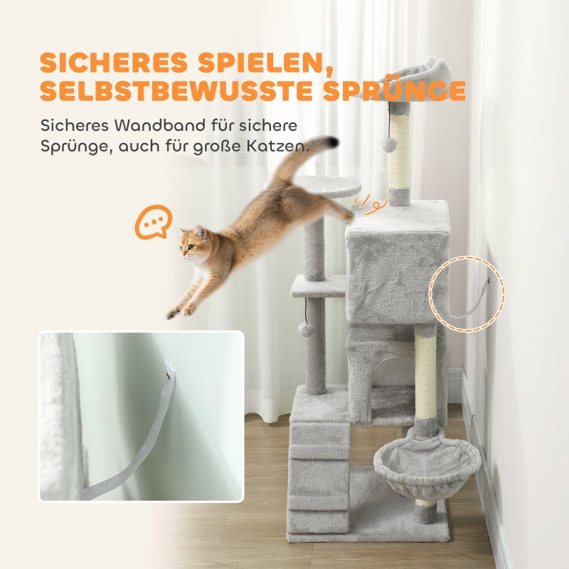 PawHut 140cm Cat Tree Multi-Level Sisal Posts & Plush Platforms Beige/Grey