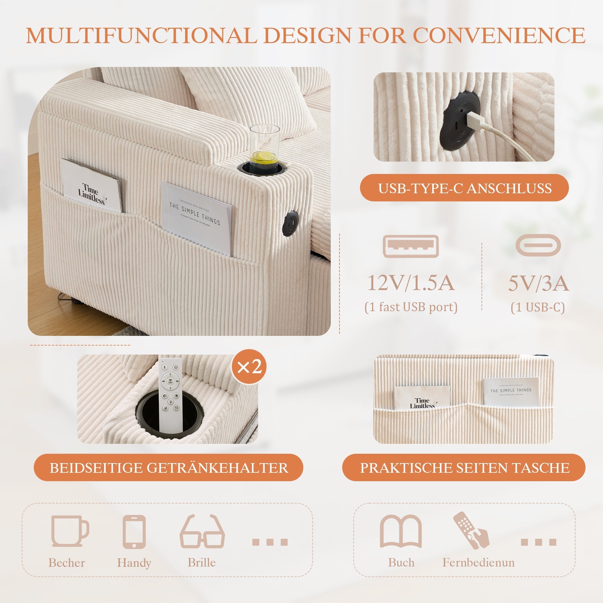 Modern 4-Seater Sofa with Double Chaise, Pull-out Bed, Storage and USB Ports, Beige Velvet