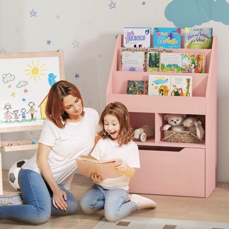 Children's Bookcase 3 Shelves 2 Open Compartments with Drawer Storage Shelf Pink