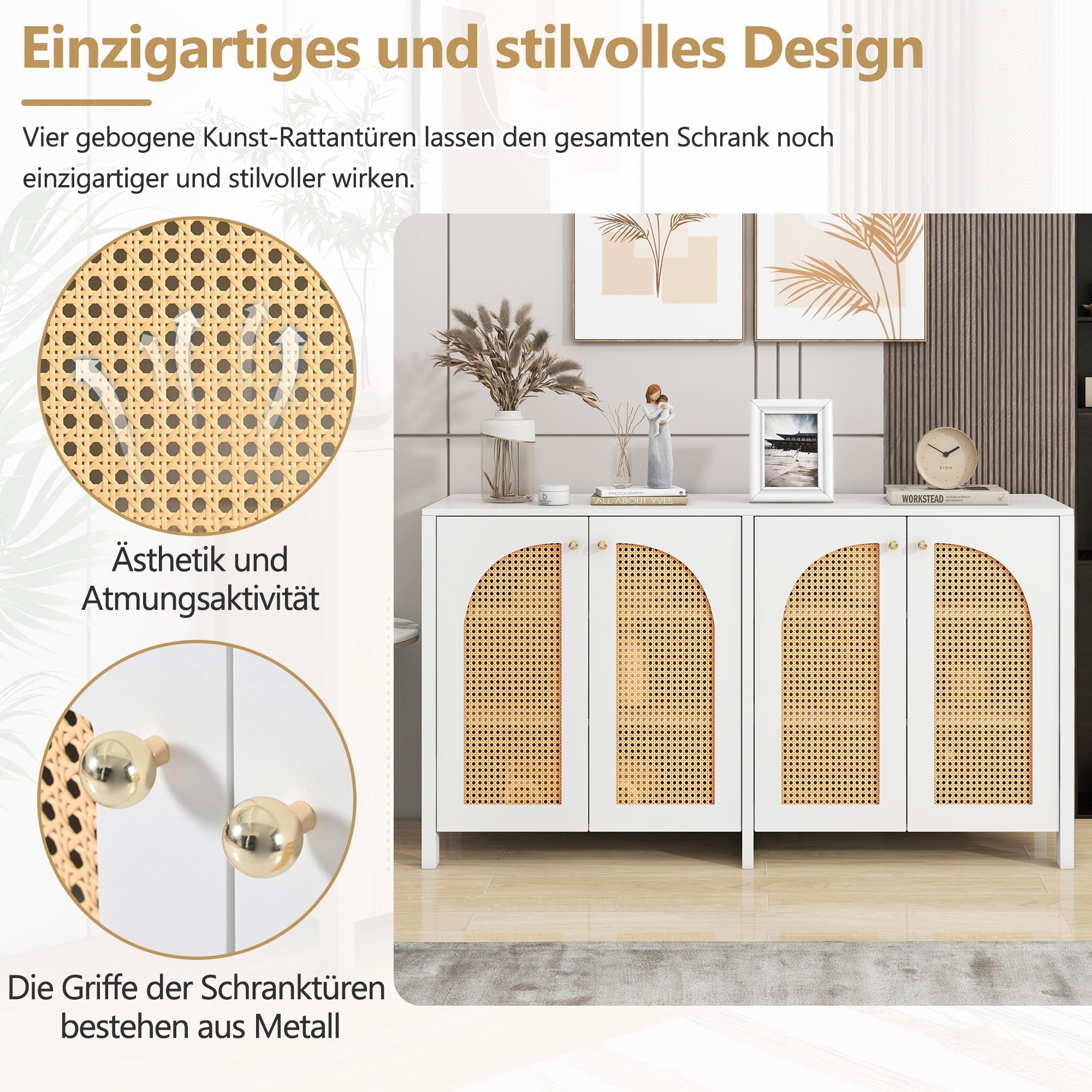 Sideboard, 4 Rattan Doors with Metal Handles, White