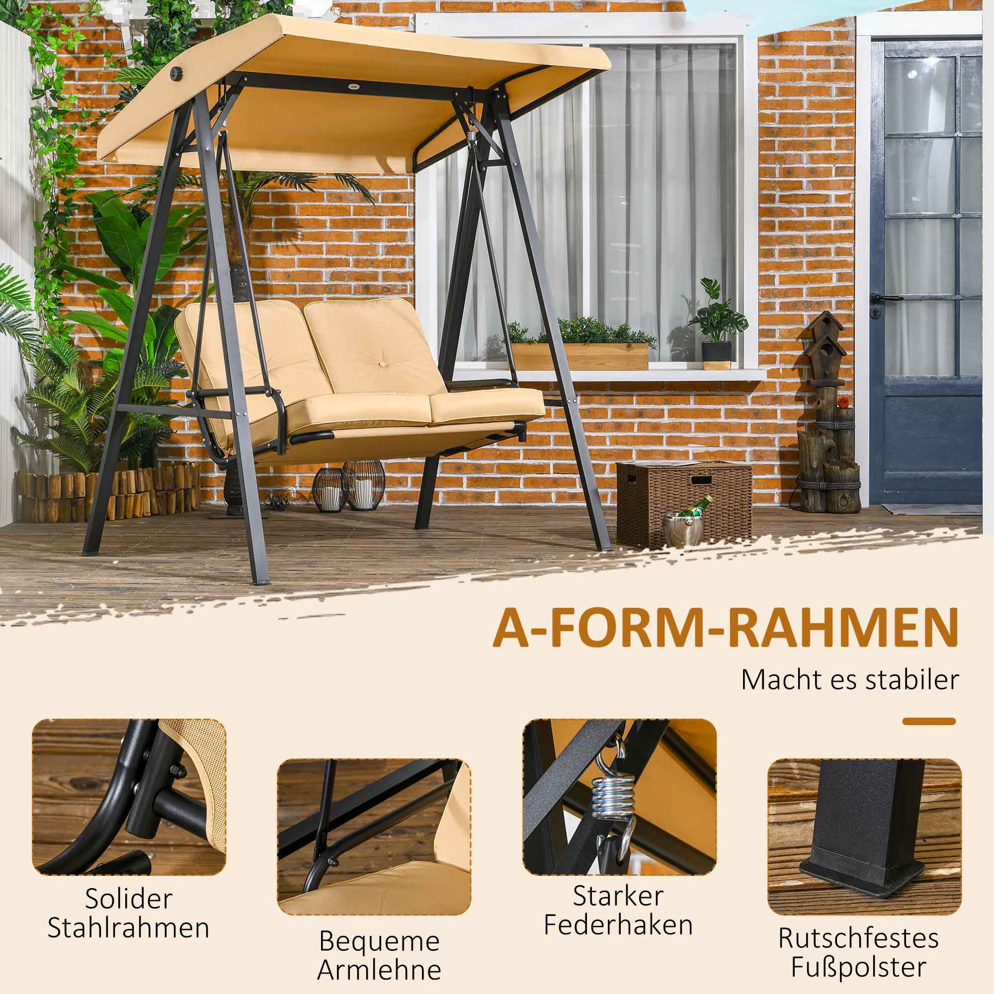 Outsuuny Hollywood Swing 3-Seater Adjustable Sunshade 220kg Load Capacity, Beige