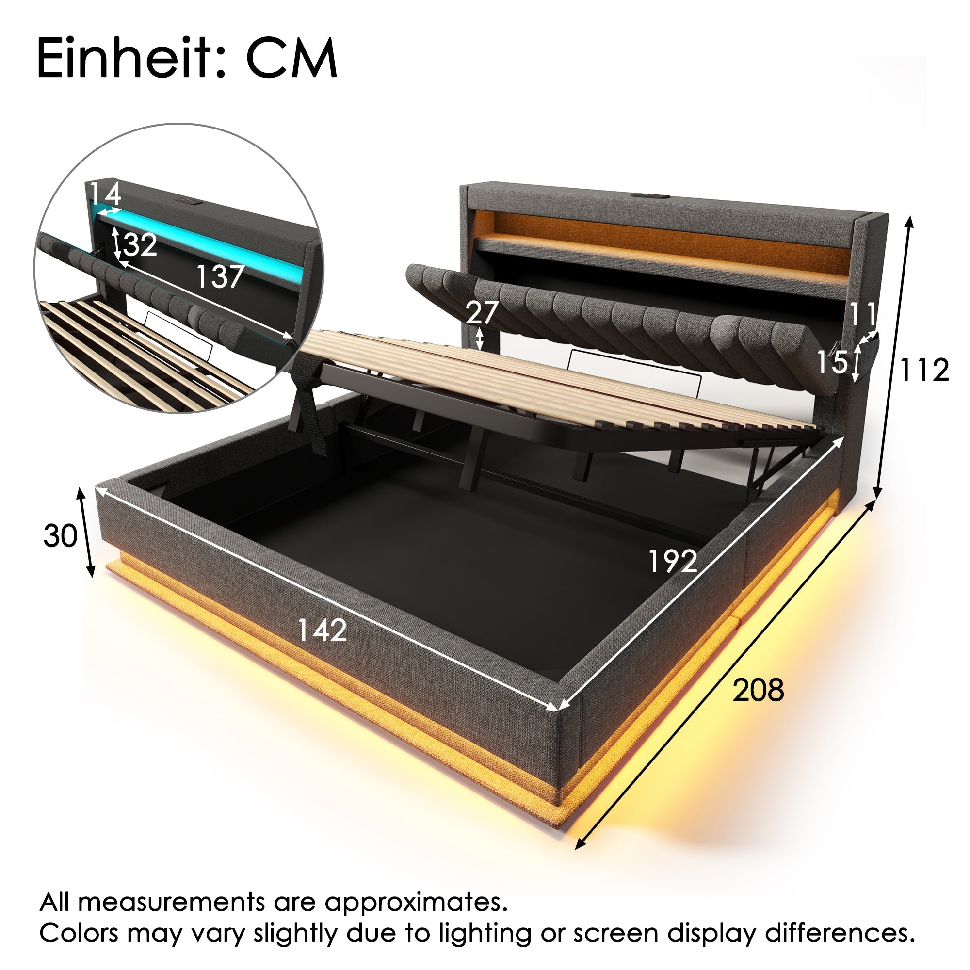 Upholstered Double Bed with Hydraulic Storage, LED Lighting and Charging Station, 140x190cm, Grey Linen