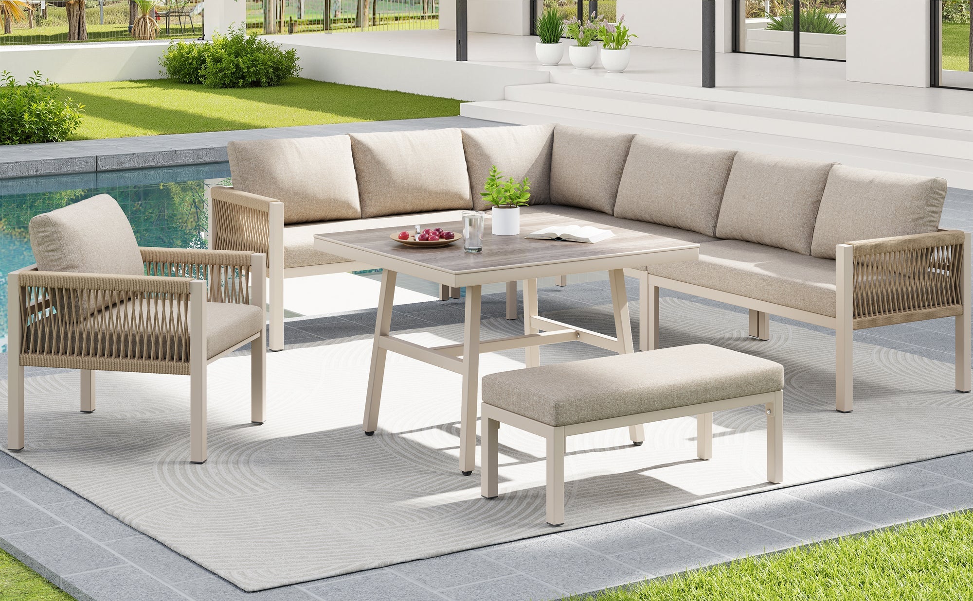 Garden Sofa Set L-Shape 8-Seater Hand-Woven with Table & Armchair - Iron Frame Beige