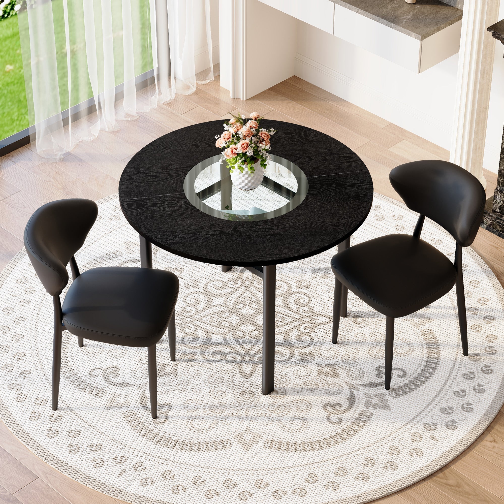 Minimalist Round Table Set 100cm Table 2 PU Armchairs Black Wood Look