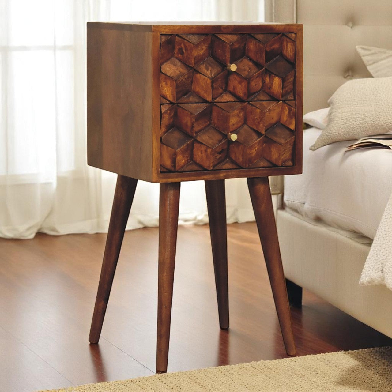 Solid Wood Mini Chestnut Cube Bedside, 2 Drawers, Dark Brown