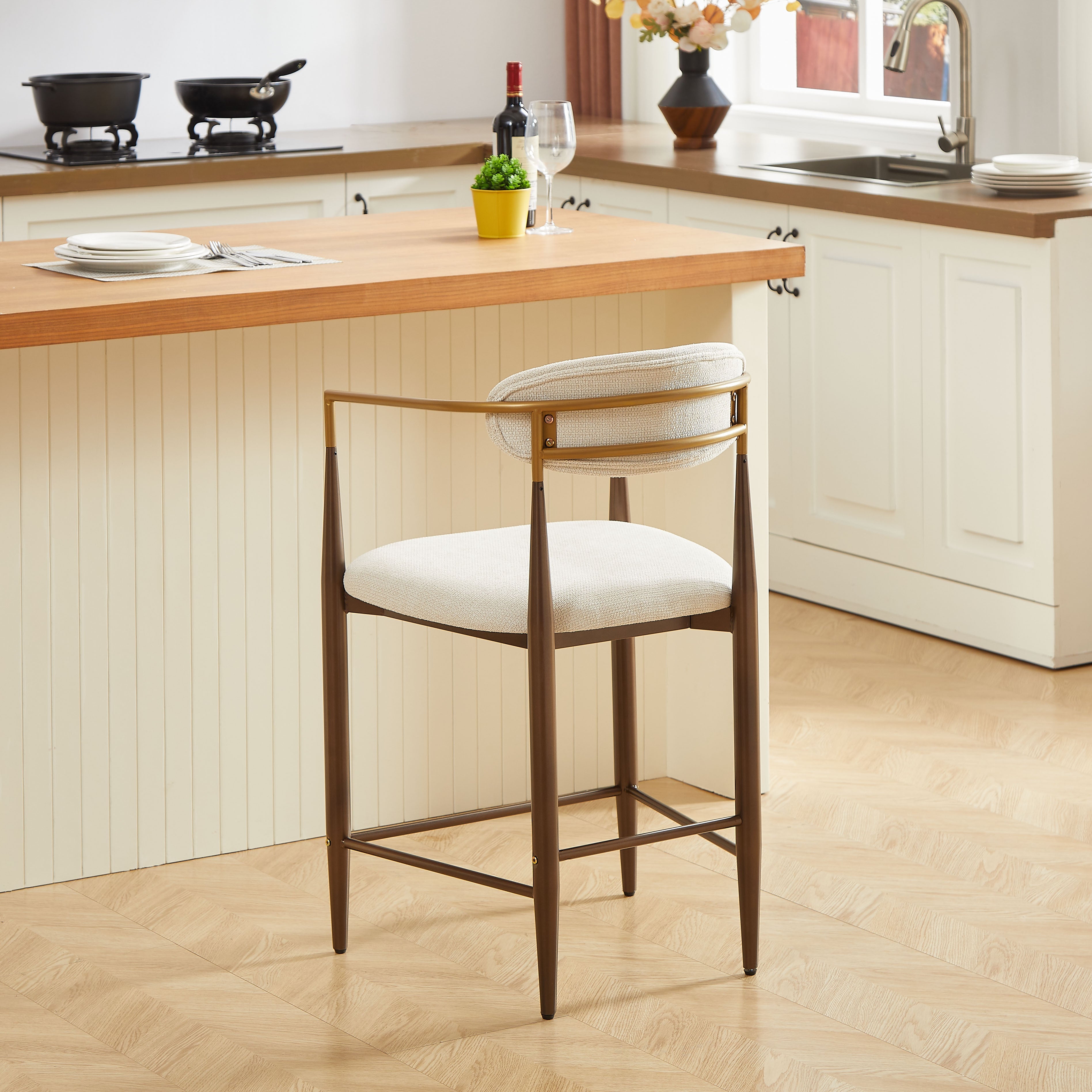 2 Bar Stools French Country Style Armrests - Cream Fabric