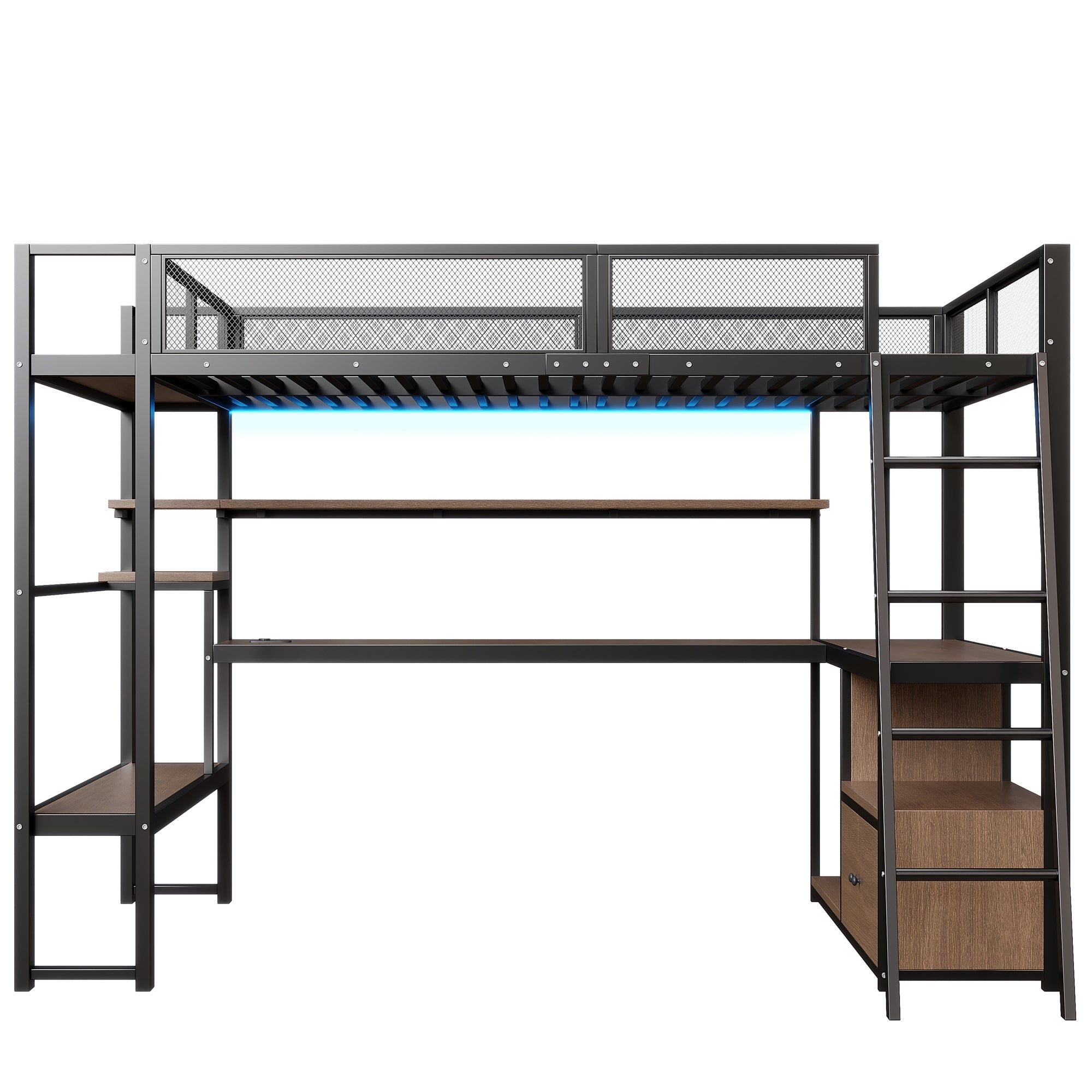 Metal Gaming Loft Bed with Integrated Workspace, LED Lighting and Storage, 140x200cm, Black