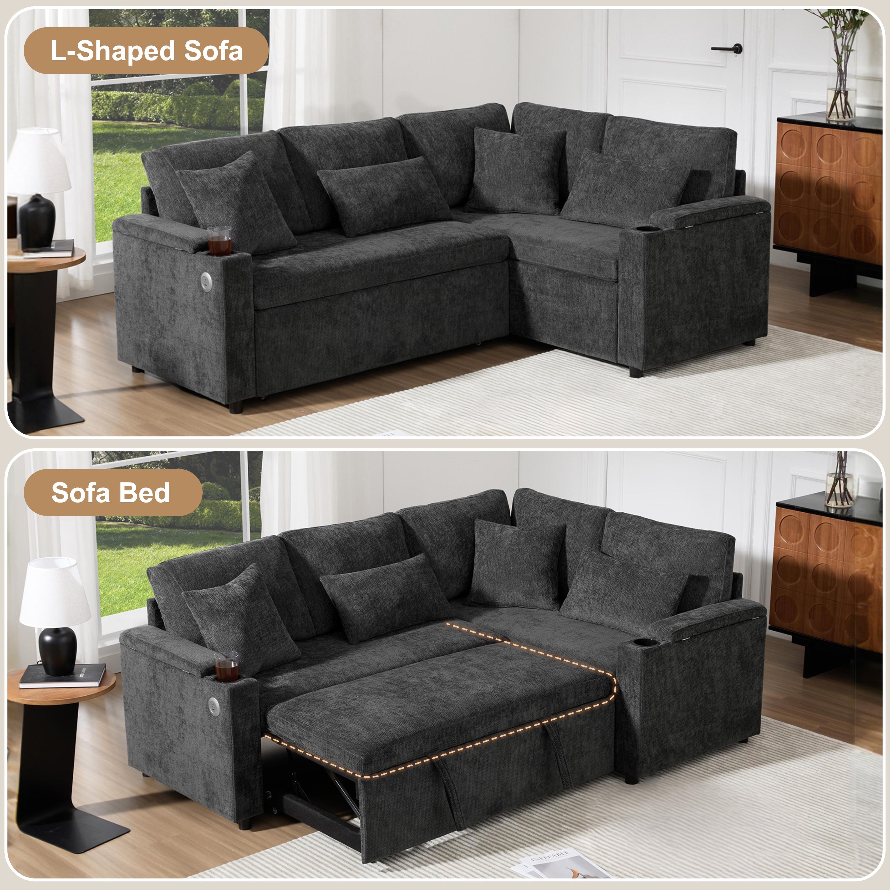L-Shaped Extendable Sofa, Convertible Chaise Storage USB Cup Holders, Gray