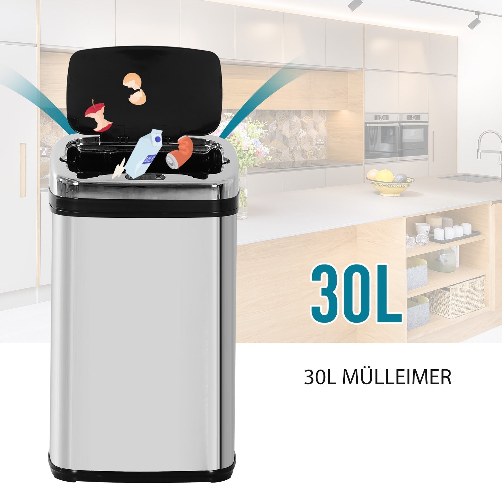 Automatic Sensor Waste Bin 30L IR Square Stainless Steel