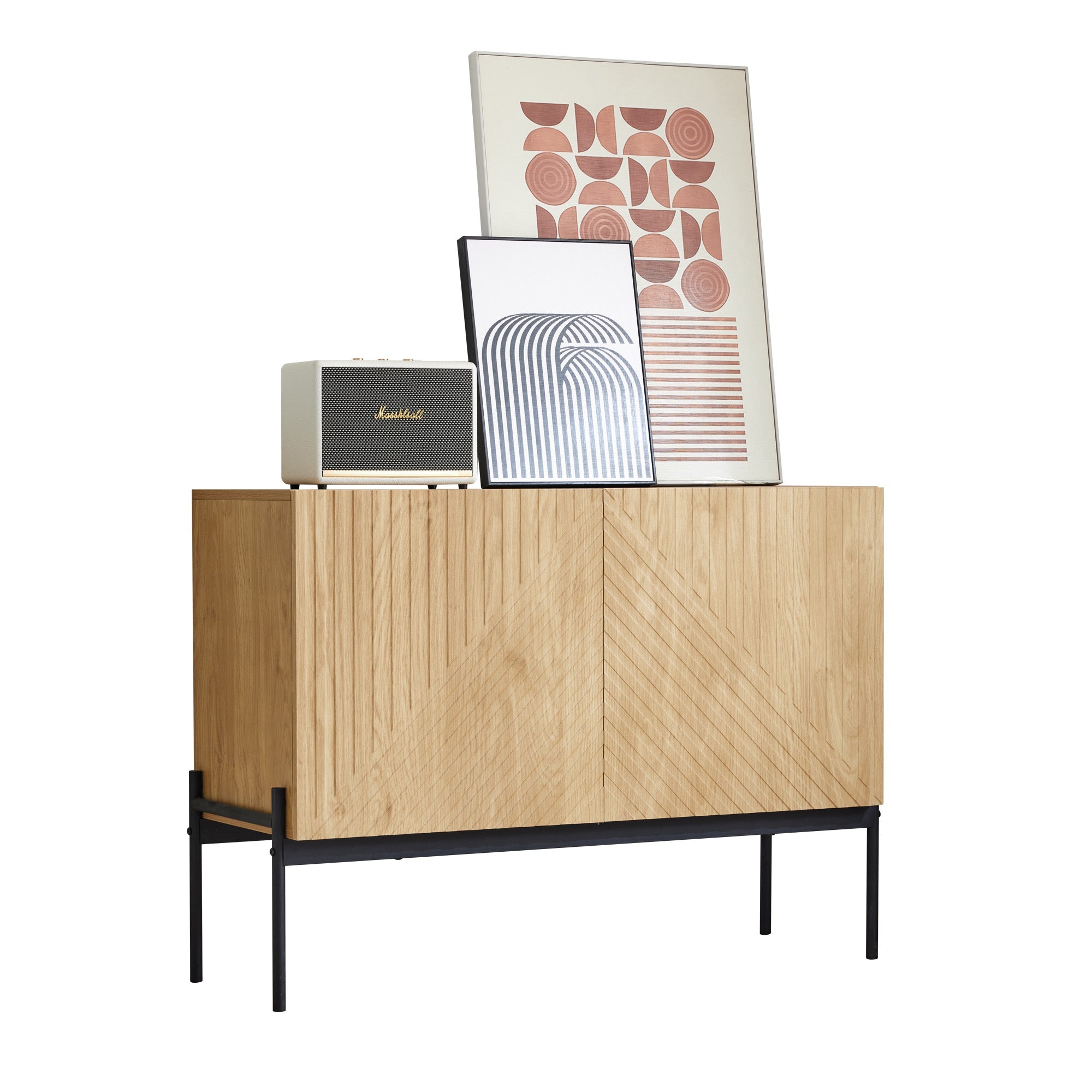 Sideboard with 2 doors and metal legs, linear design, 75x100x40 cm, aluminum
