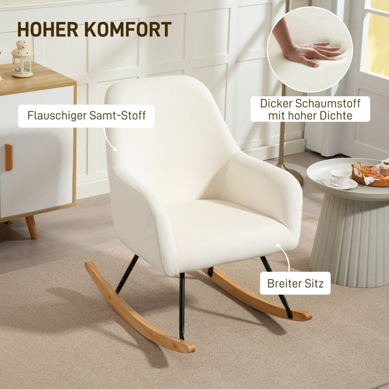 Rocking Chair Recliner with Armrests & Wooden Runners, Velvet Cream White