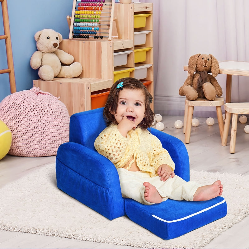 2 In 1 Kids Armchair Sofa Bed Fold Out Padded Wood Frame, Blue