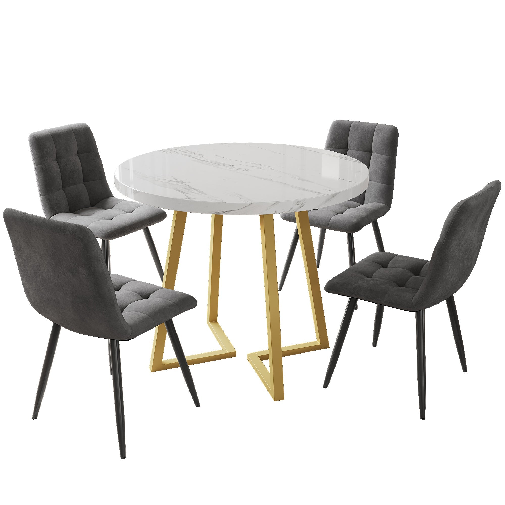 Dining Table Set Round 80cm Gold Metal Legs White MDF/Dark Grey Velvet