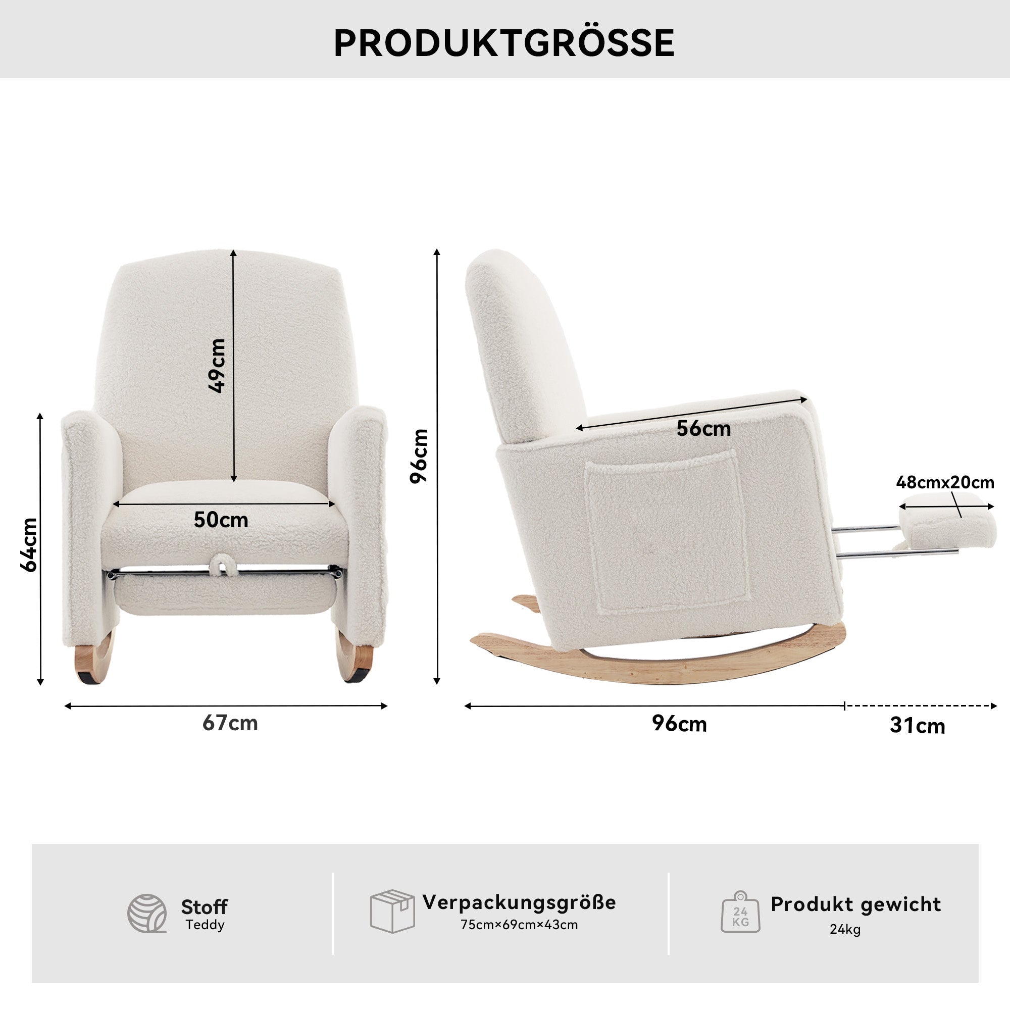 044 Rocking Chair with Stool, Recliner, High Back, White Teddy Fabric