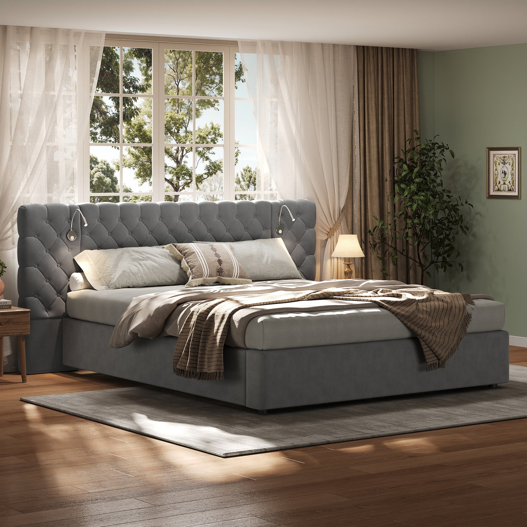Upholstered Bed, King Size Hydraulic Storage with Reading Light, Velvet, Gray
