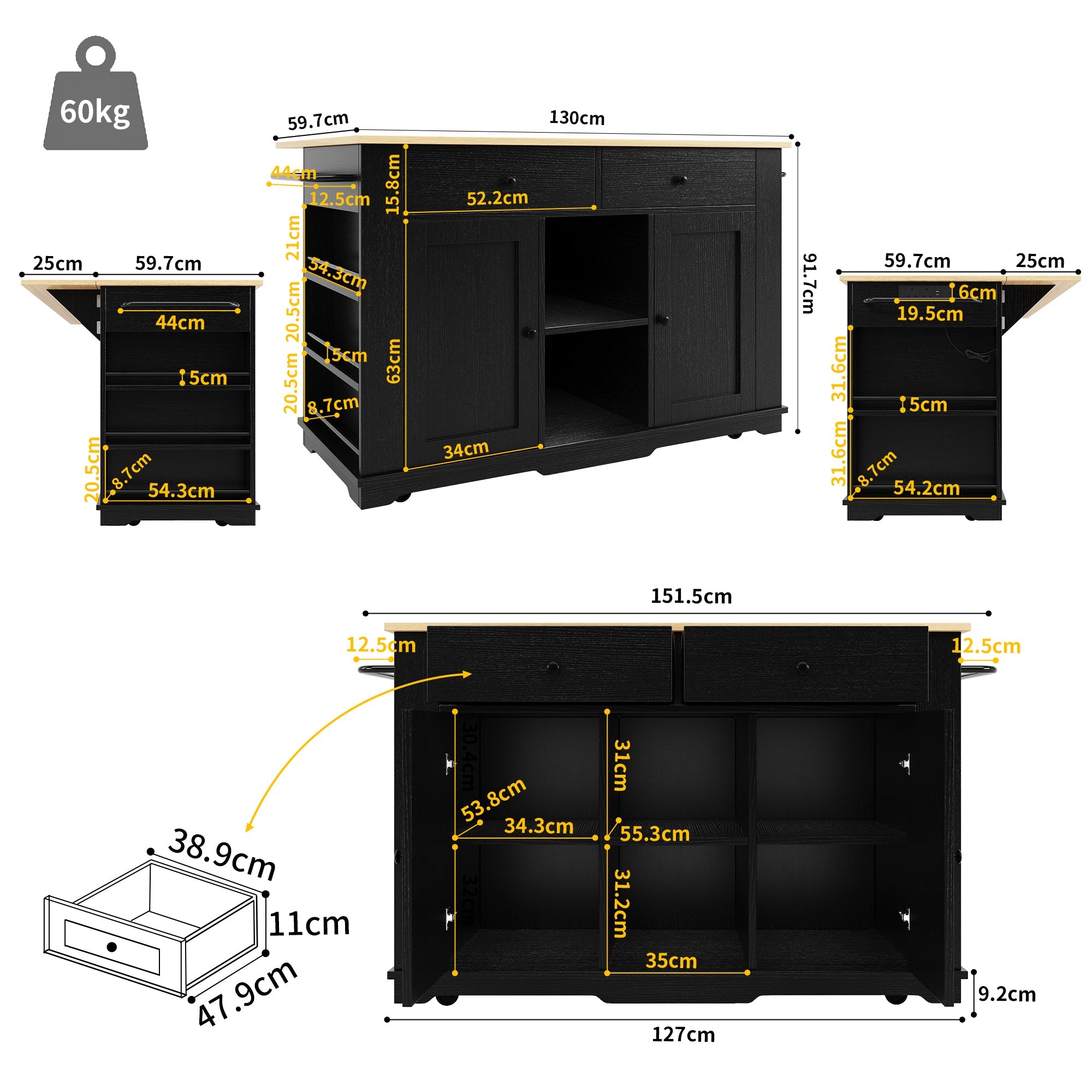 Kitchen Island with Power Strip and Wood Grain, Black