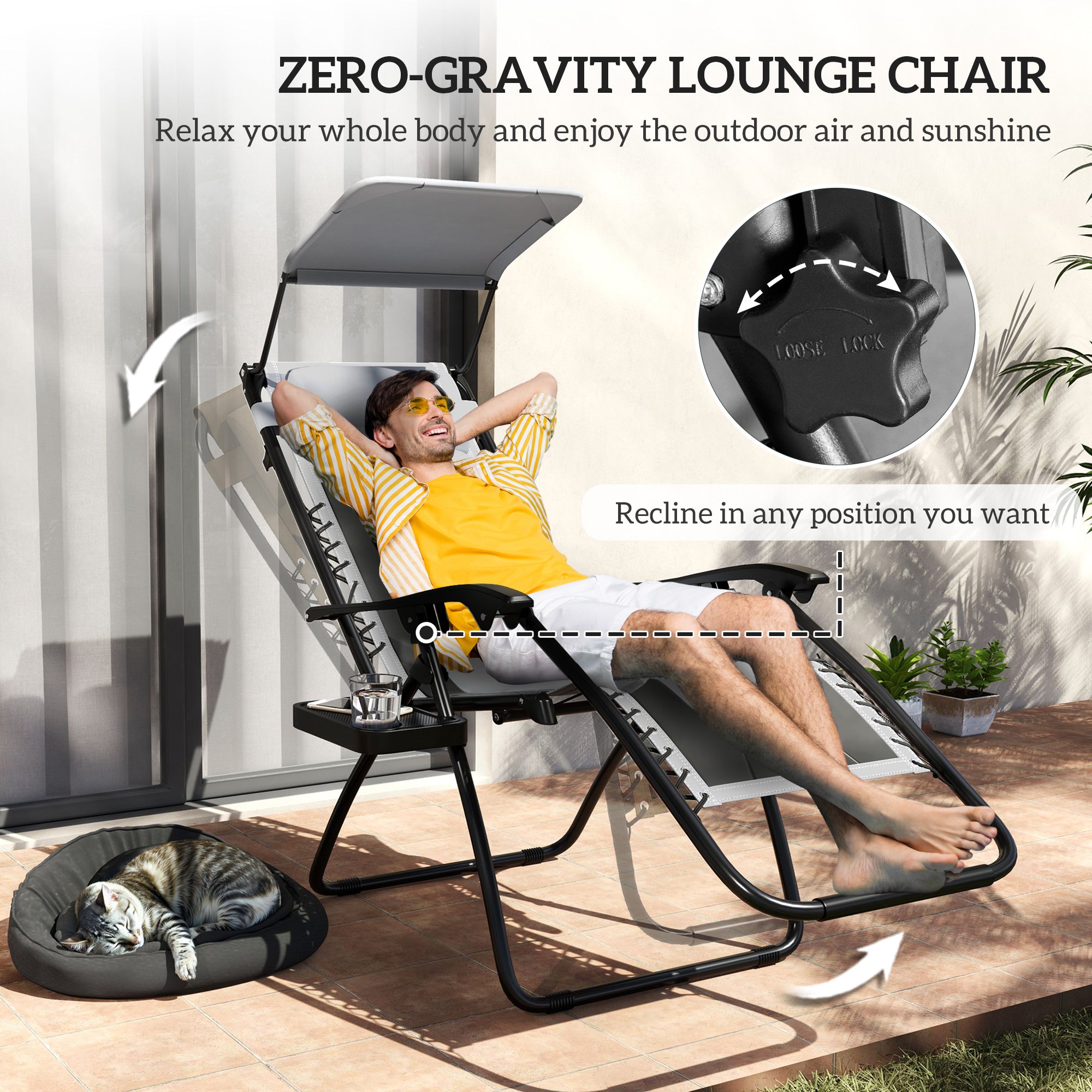 Zero Gravity Lounger Chair Set of 2, Folding Reclining Patio Chair with Shade Cover, Light Grey