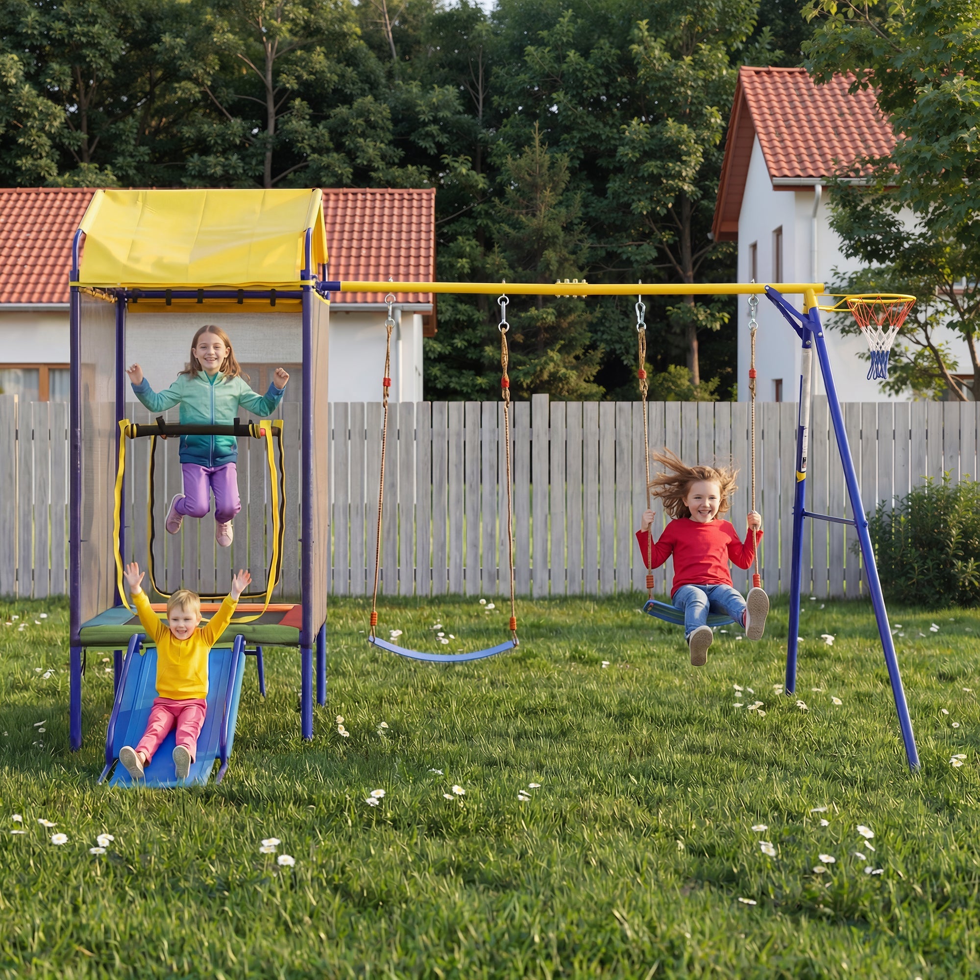 Multifunctional Outdoor Swing Set with Trampoline, Slide and Basketball Hoop, Sturdy Iron Frame