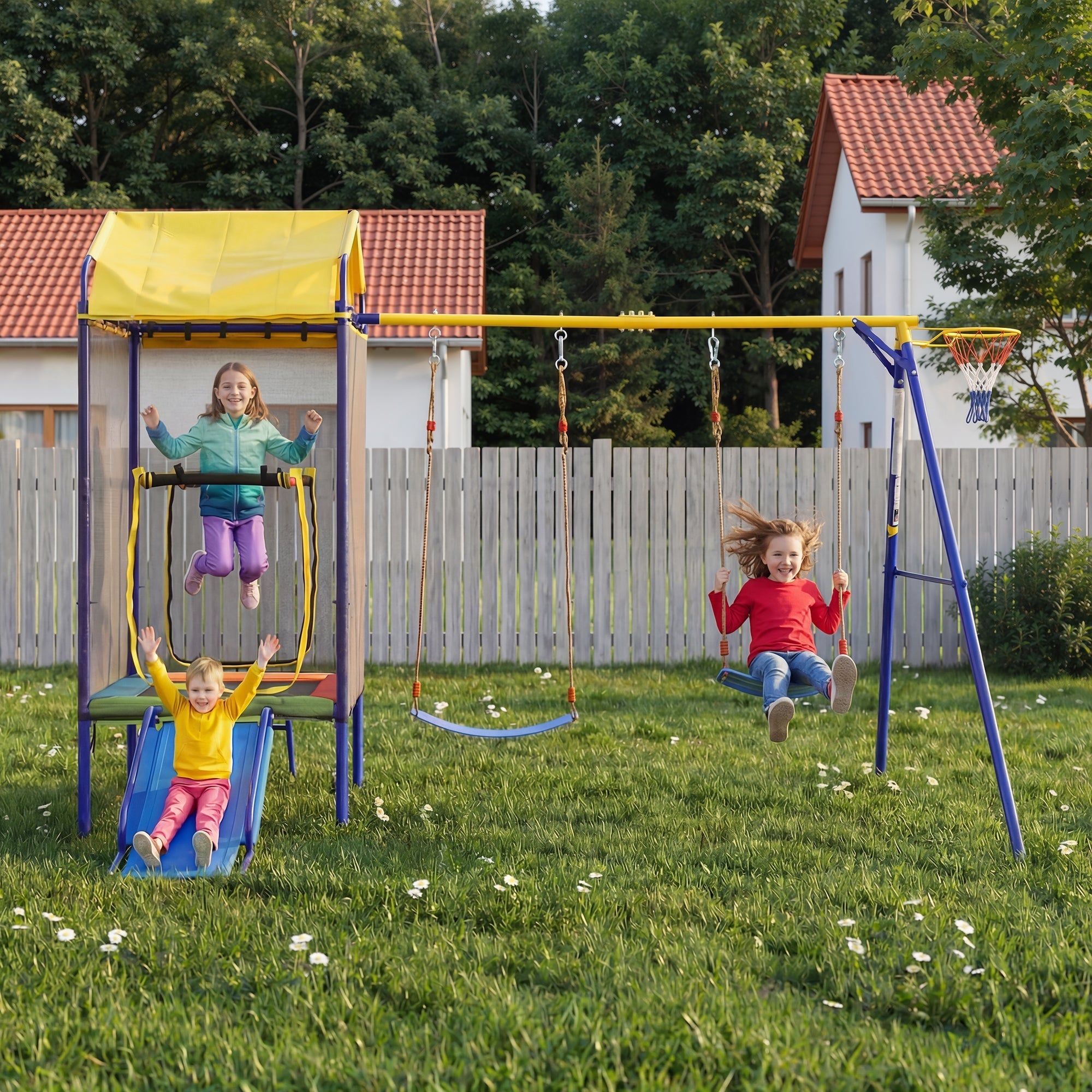 Multifunctional Outdoor Swing Set with Trampoline, Slide and Basketball Hoop, Sturdy Iron Frame