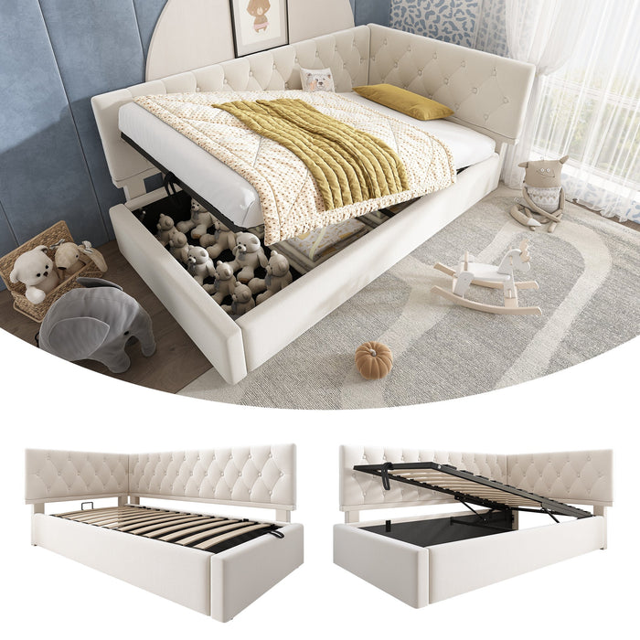 Upholstered Bed, Daybed 90x200cm with Hydraulic Storage, Wooden Slatted Frame, Beige Velvet