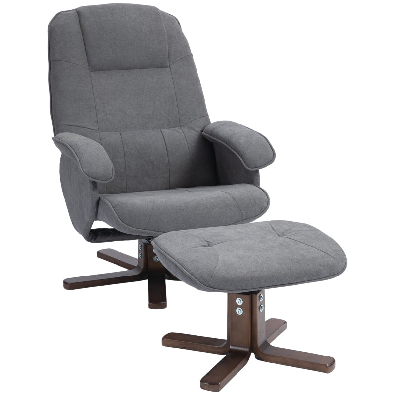 Linen Recliner Chair and Footstool, Swivel Reclining with Wooden Base, Grey
