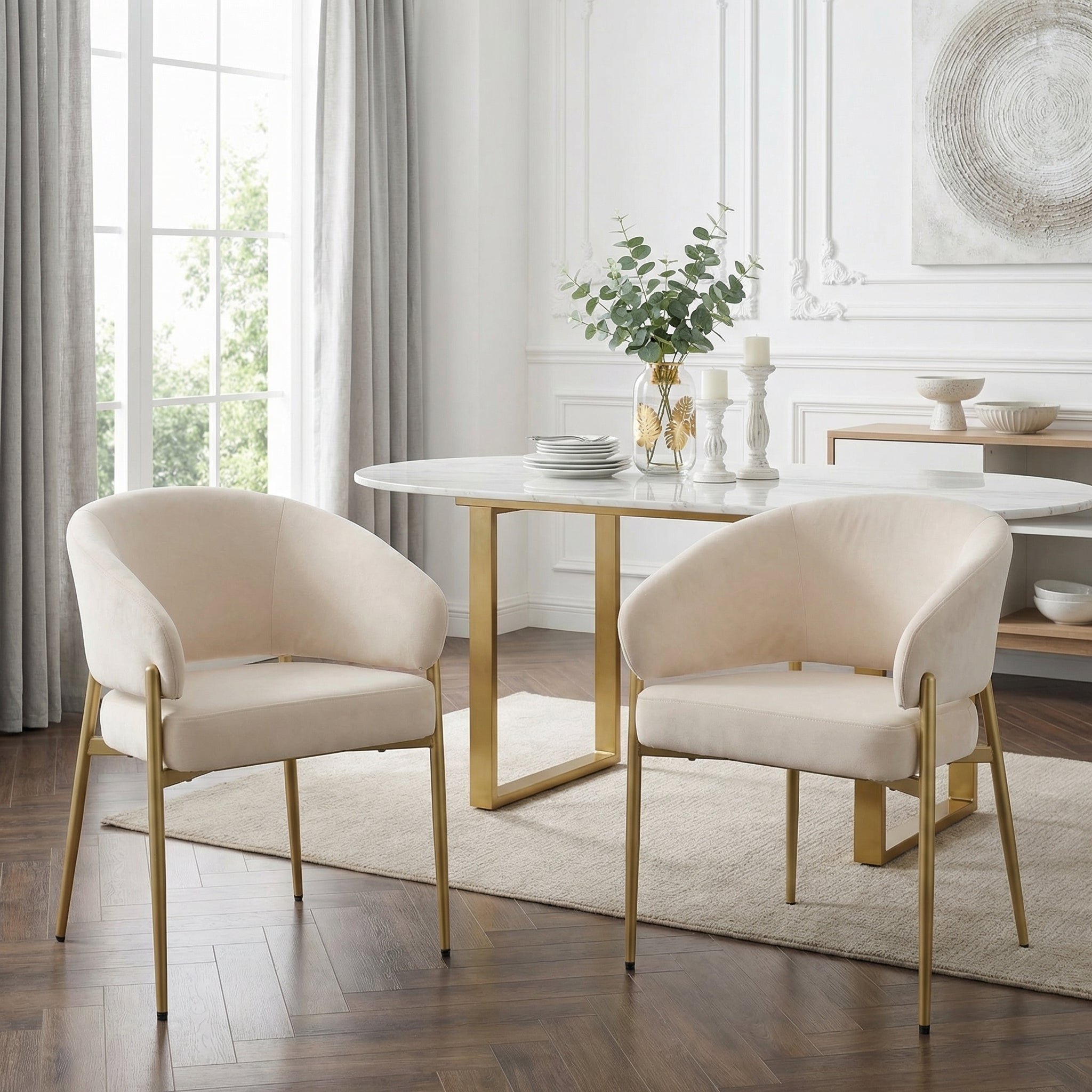 Set of 2 Dining Chairs, Comfortable and Breathable Modern Style, Beige and Champagne Gold Velvet Fabric